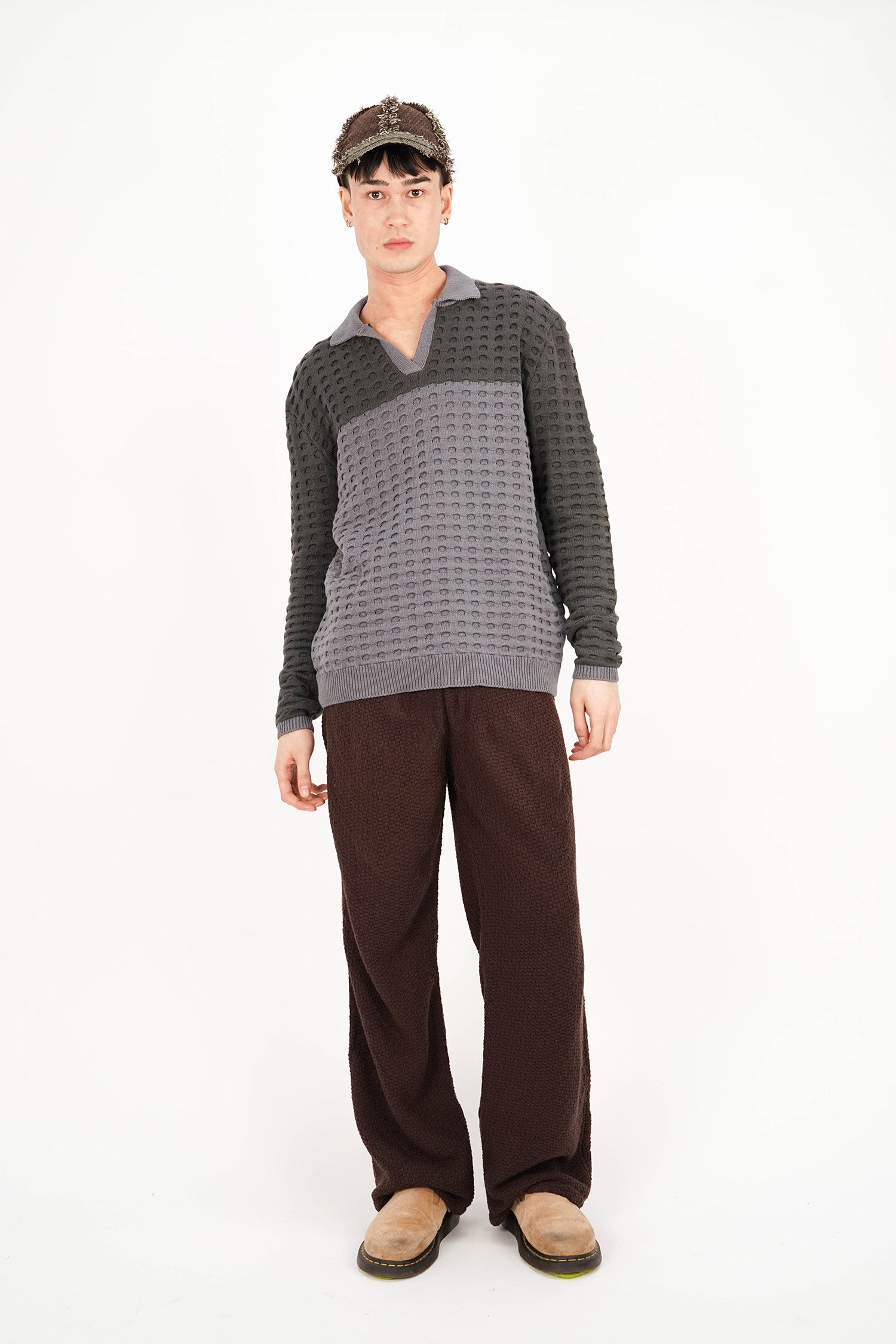 Isa Boulder - Long Sleeve Grid Polo - Smoke Grey