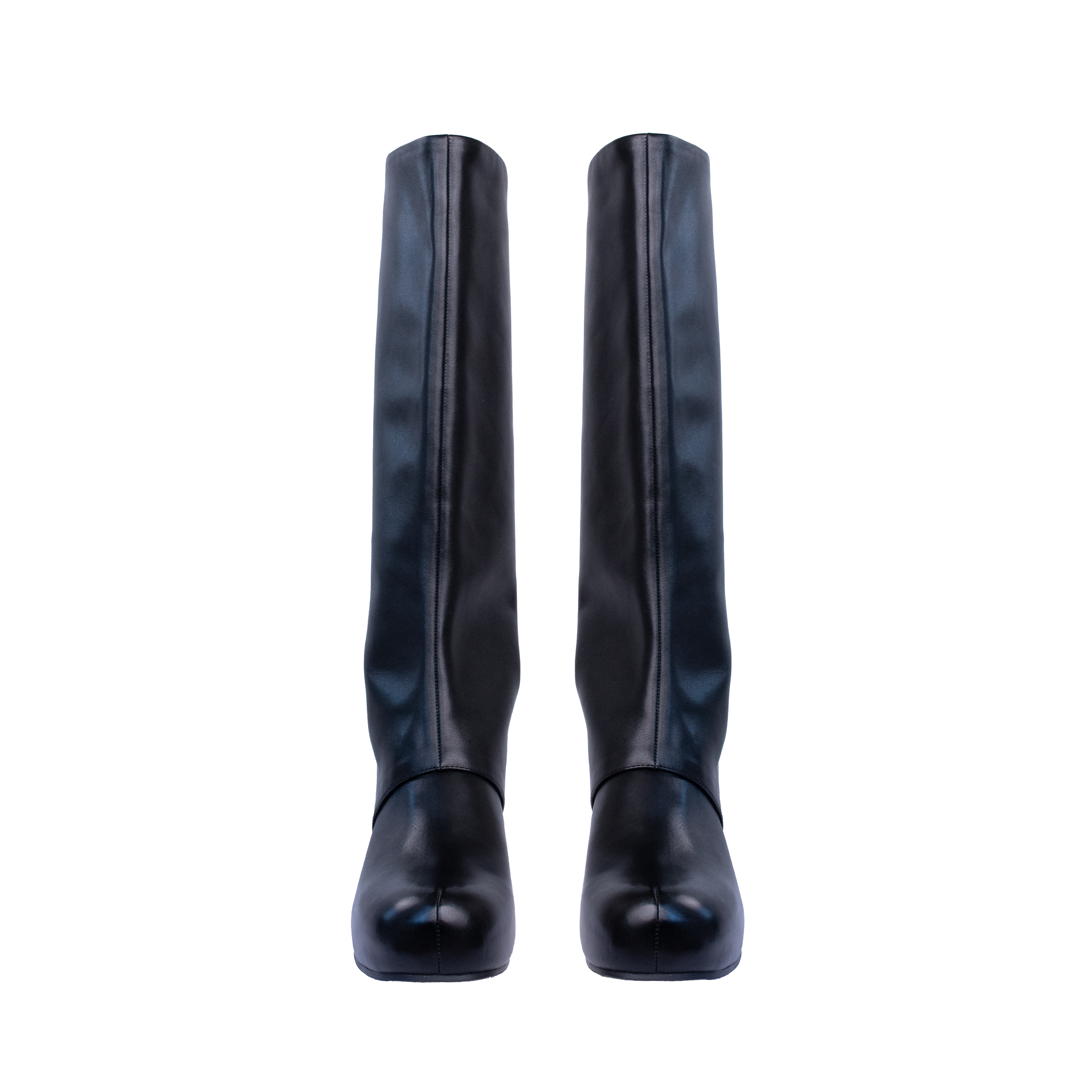 A pair of KAHE sleek black knee-high wedge boots with a smooth, minimalist design.