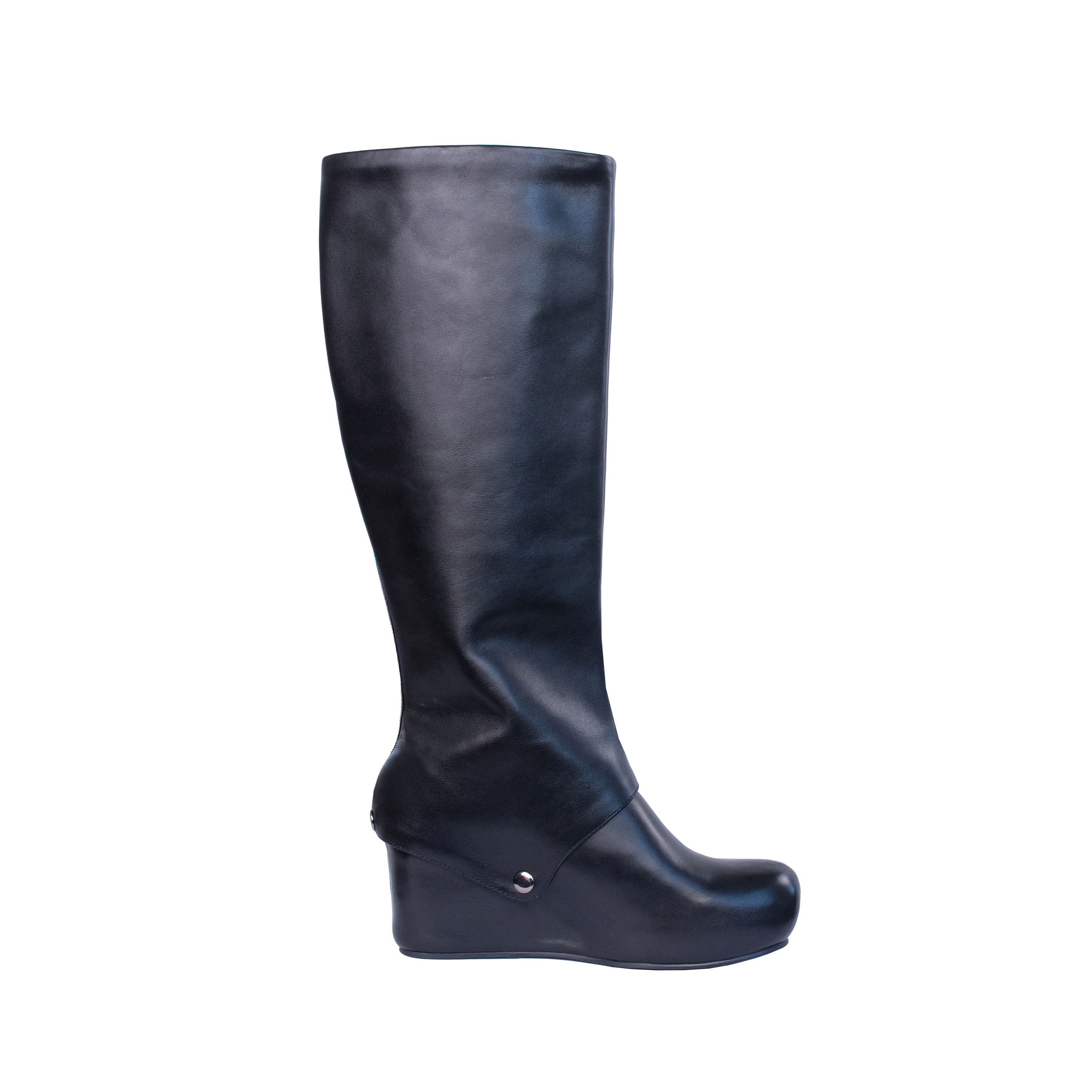 A pair of KAHE sleek black knee-high wedge boots with a smooth, minimalist design and snap closure on side.