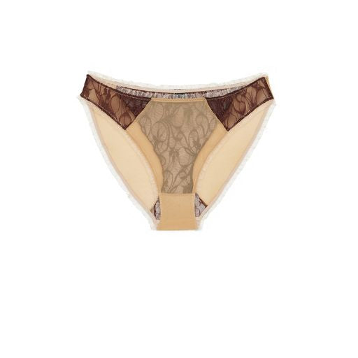 Beige mesh and brown lace briefs, made by independent Australian lingerie designer Bizarre. Sold in Melbourne clothing boutique, Error404store.
