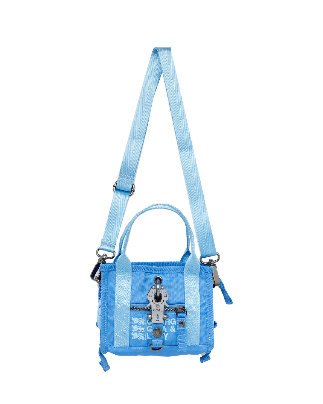 Mini blue crossbody/handbag with silver buckle and removable strap. Made by German designer George Gina & Lucy. Sold in Melbourne clothing boutique called Error404store.