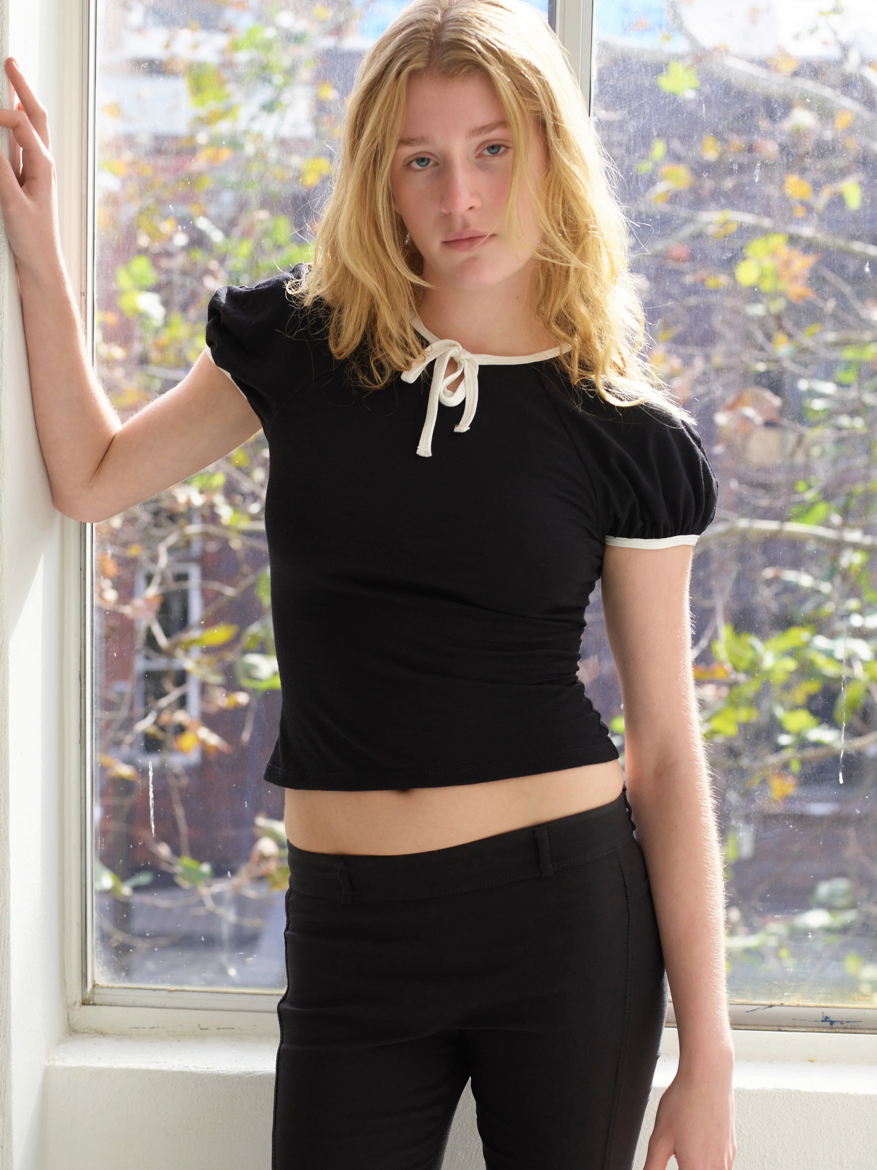 Emily Watson - Premium Merino Wool Raglan Keyhole Tee - Black
