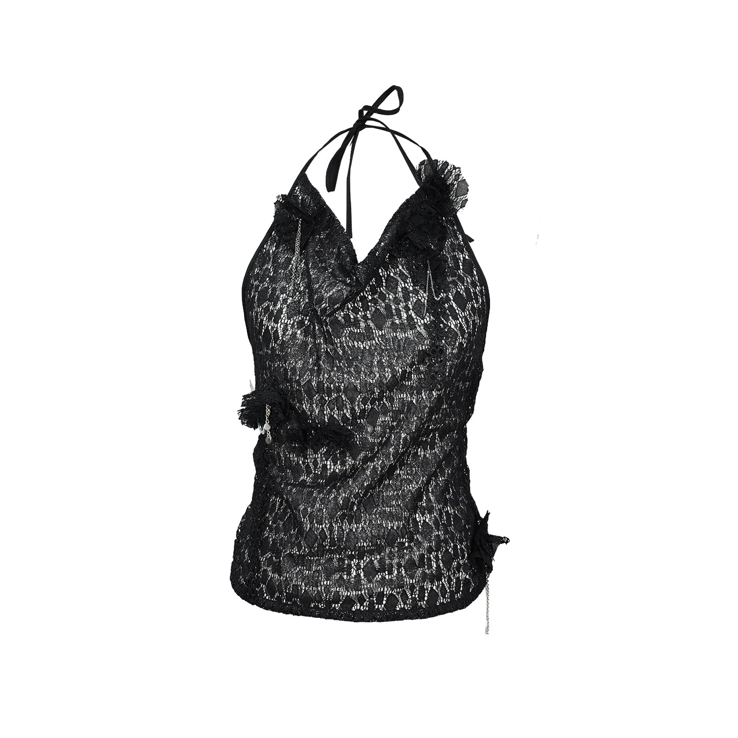 Front of lace halter top. with draped crowl neck