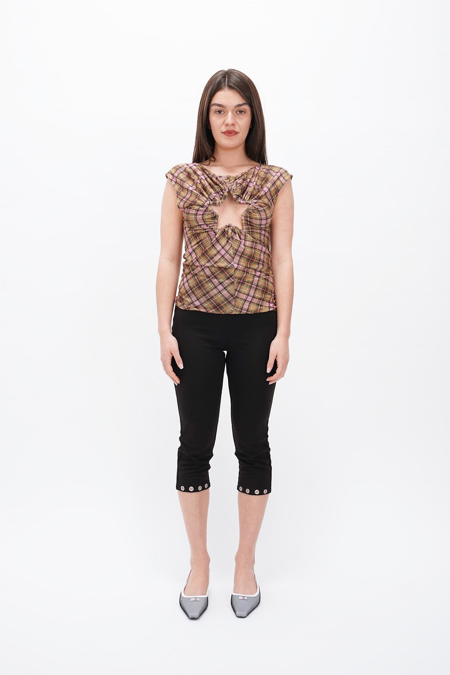 Taottao - Plaid Mesh Star Cutout T-Shirt - Smooky