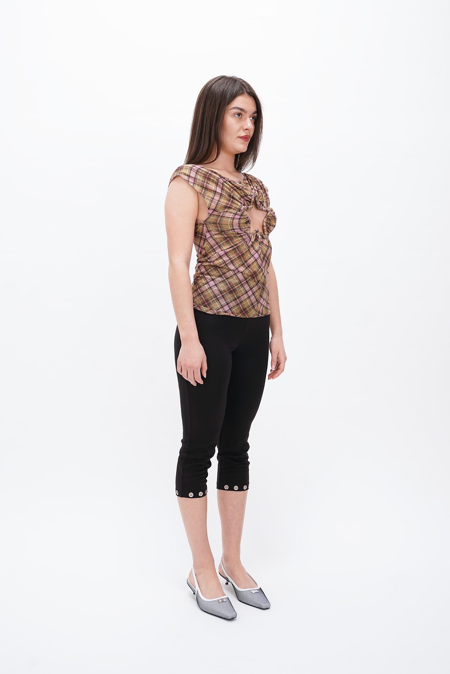 Taottao - Plaid Mesh Star Cutout T-Shirt - Smooky