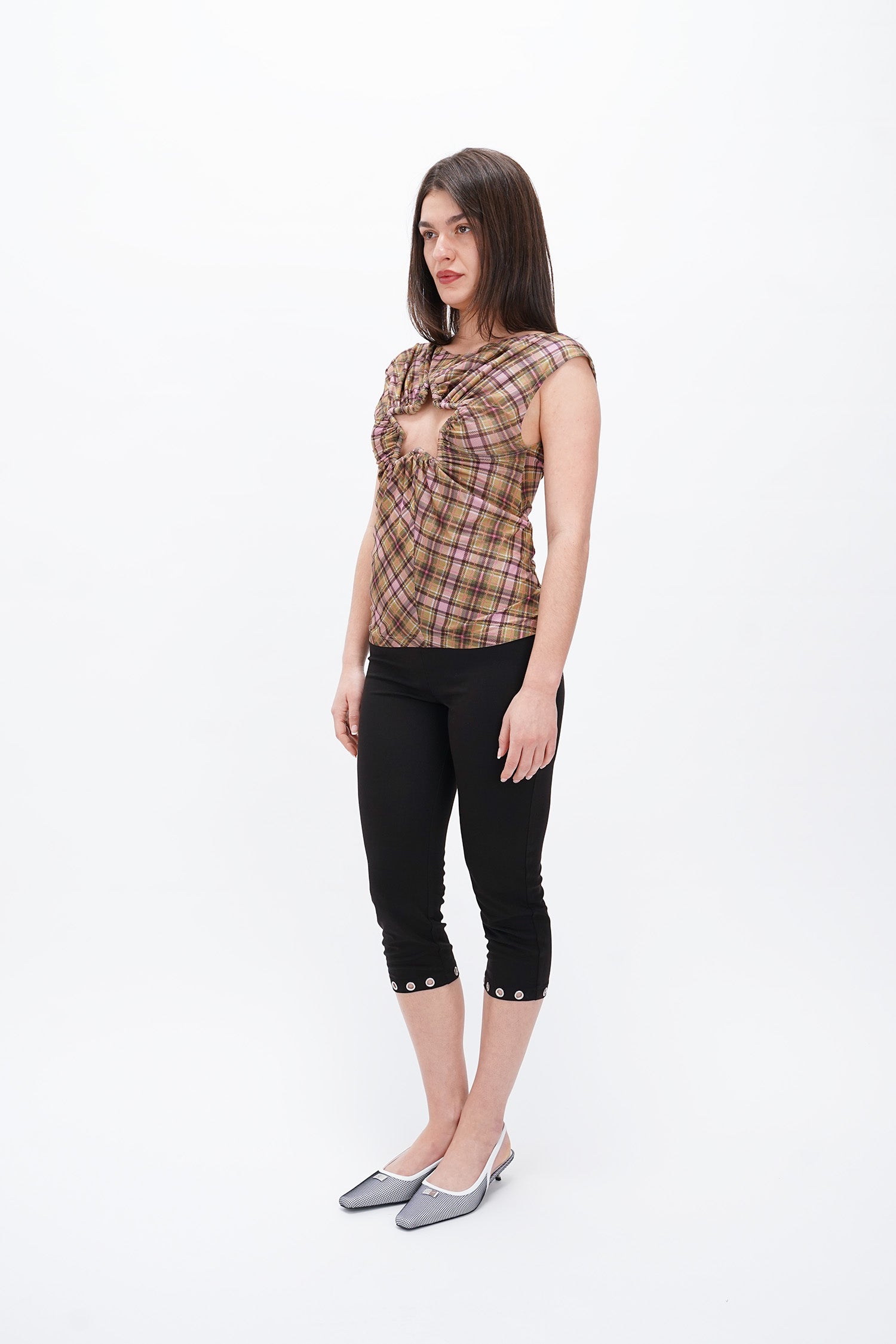 Taottao - Plaid Mesh Star Cutout T-Shirt - Smooky
