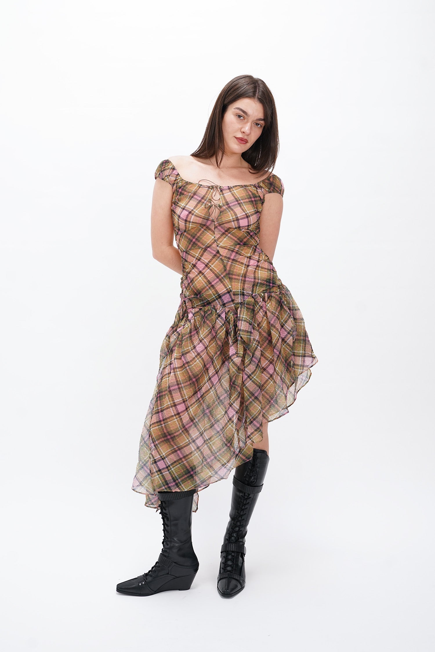 Taottao - Plaid Puff Chiffon Asymmetrical Dress - Smooky