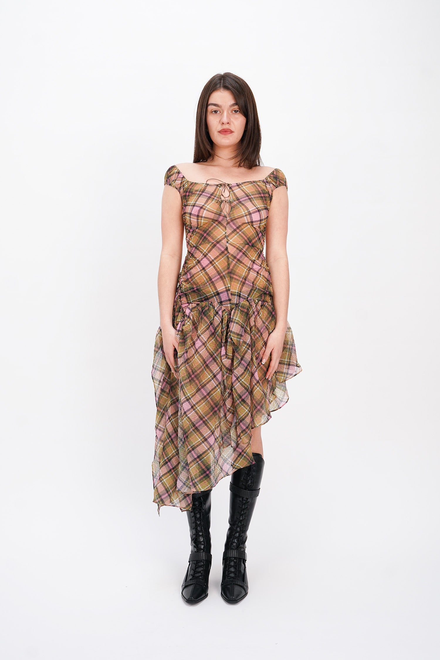Taottao - Plaid Puff Chiffon Asymmetrical Dress - Smooky
