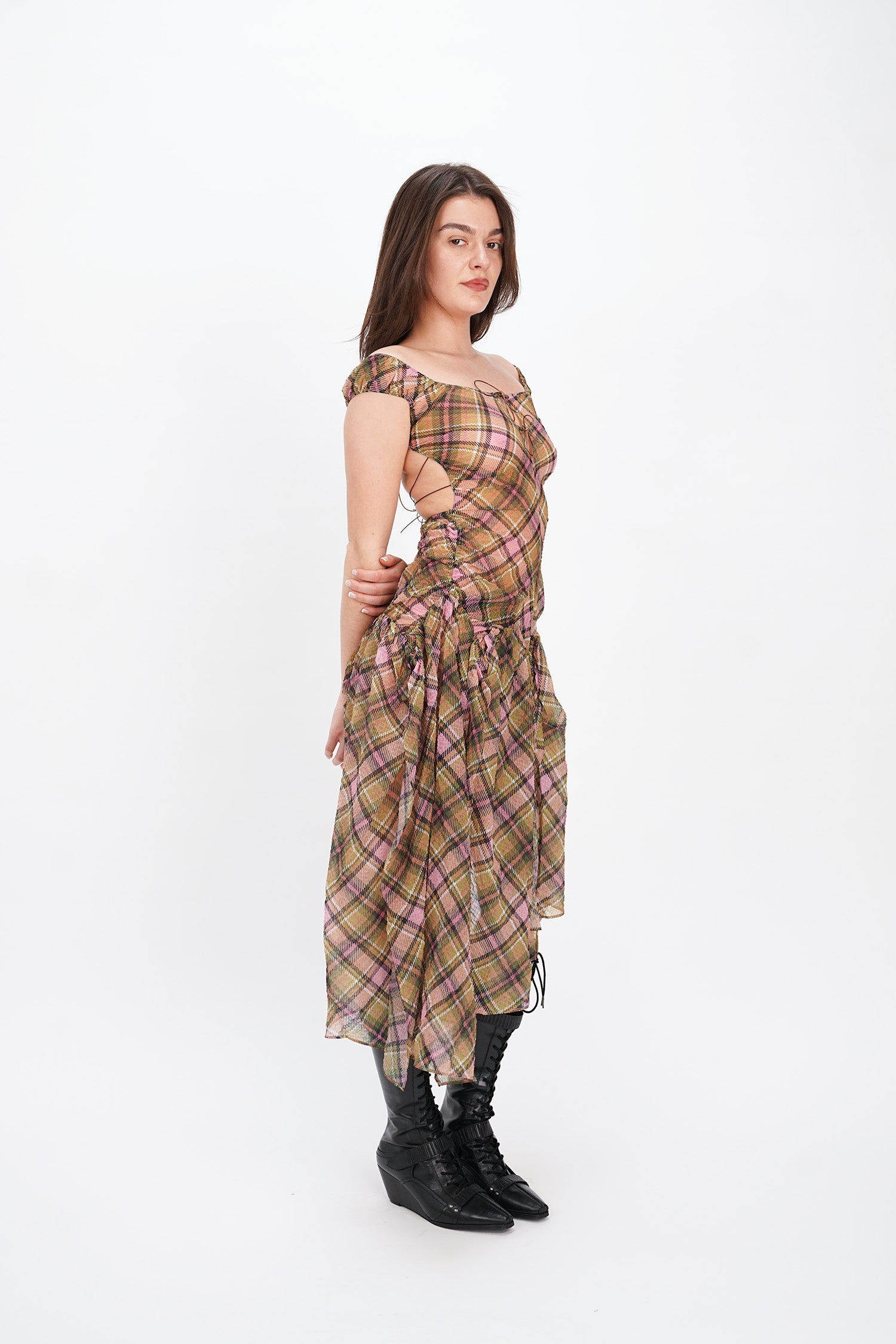 Taottao - Plaid Puff Chiffon Asymmetrical Dress - Smooky