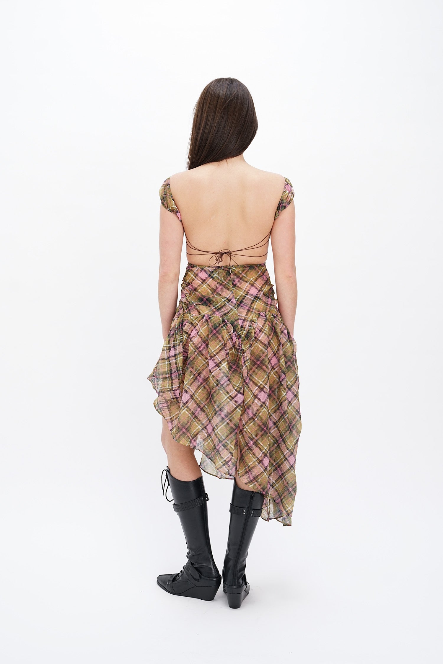Taottao - Plaid Puff Chiffon Asymmetrical Dress - Smooky