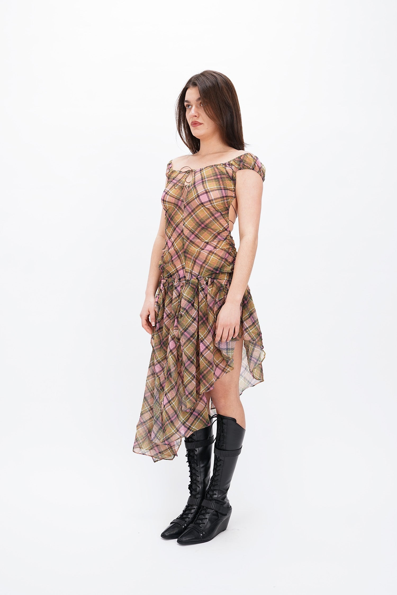 Taottao - Plaid Puff Chiffon Asymmetrical Dress - Smooky
