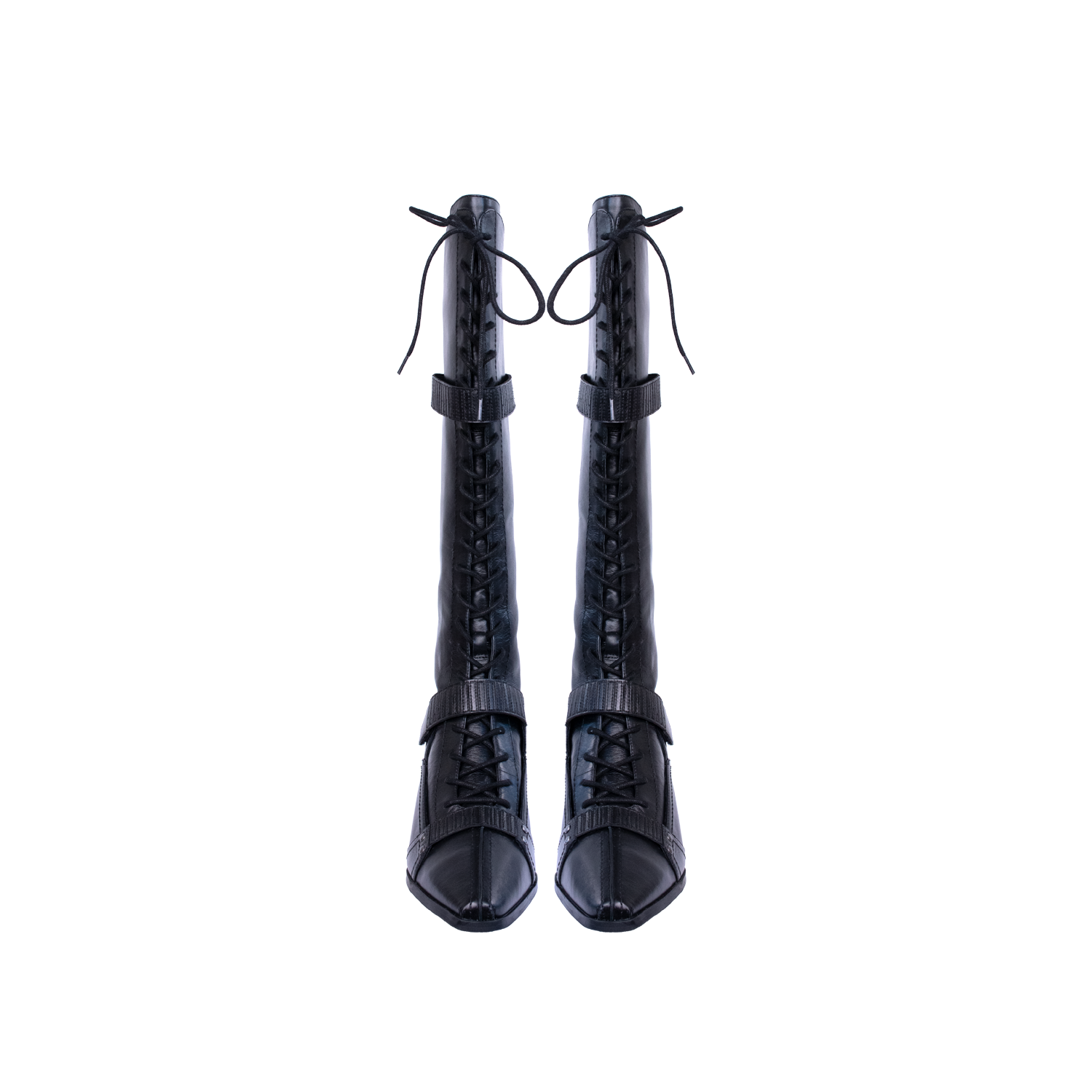 A pair of KAHE black knee-high wedge boots with front laces and decorative straps.