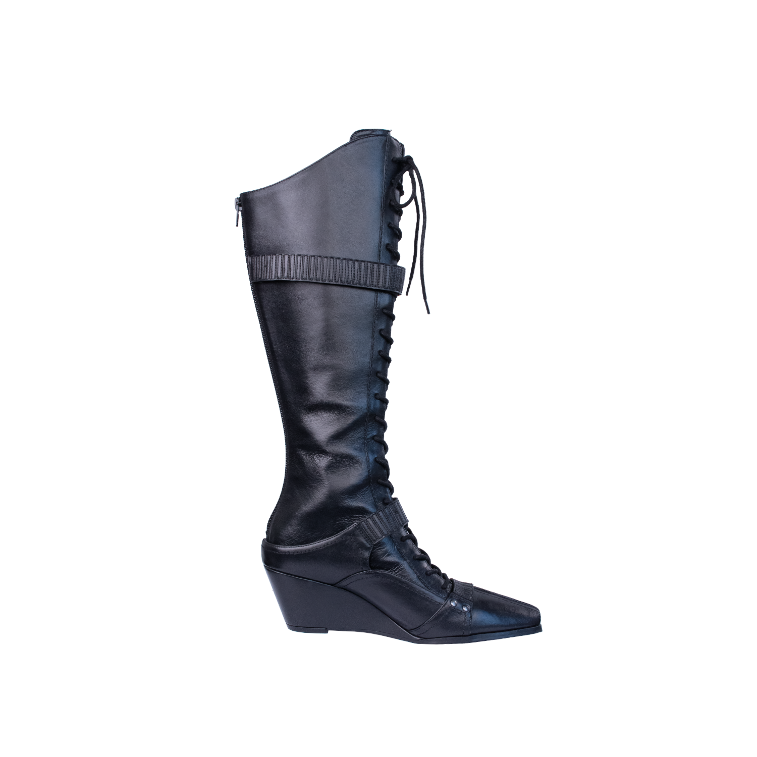 A pair of KAHE black knee-high wedge boots with front laces and decorative straps.