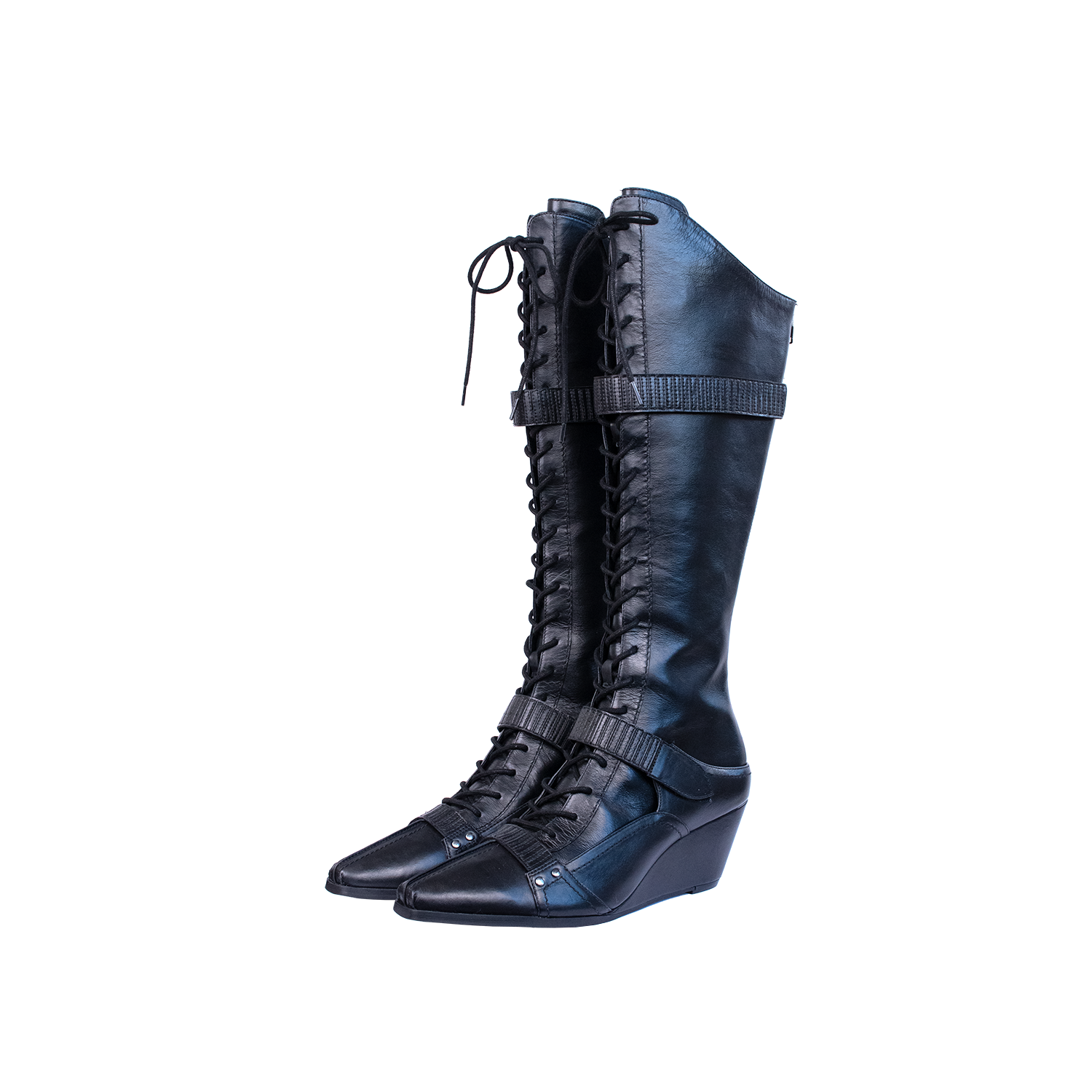 A pair of KAHE black knee-high wedge boots with front laces and straps.