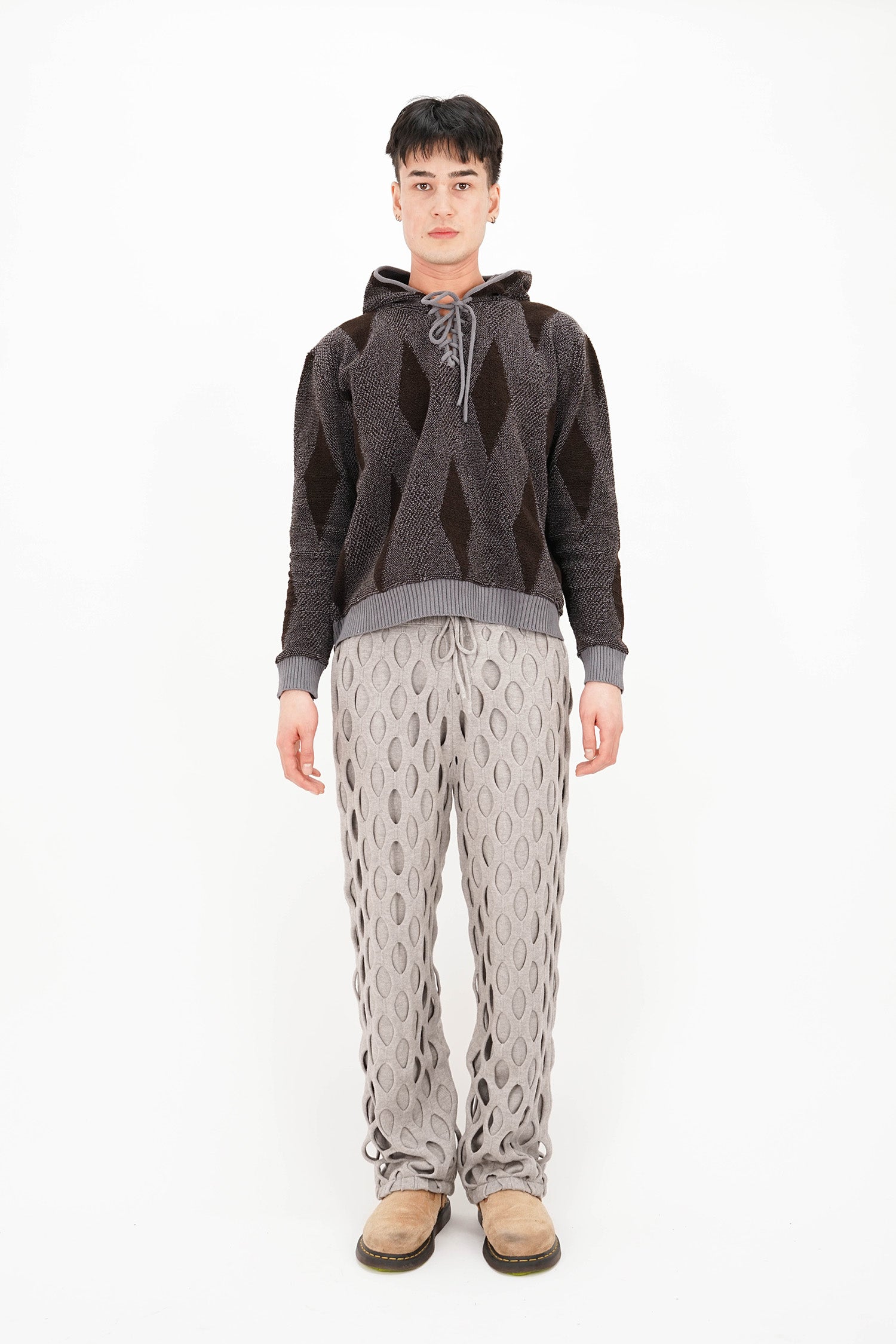 Isa Boulder - Small Argyle Towel Hoodie - Smoke Brown