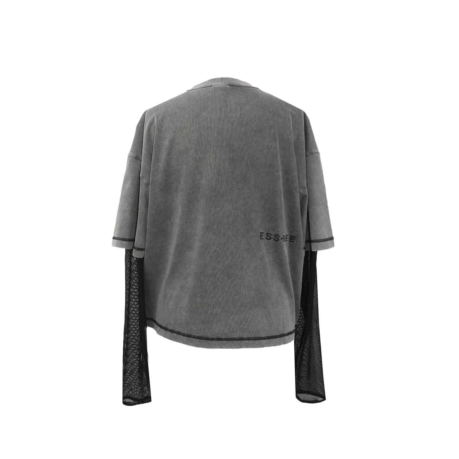 back of ESS.BEE double layered t-shirt in charcoal with mesh long sleeves 