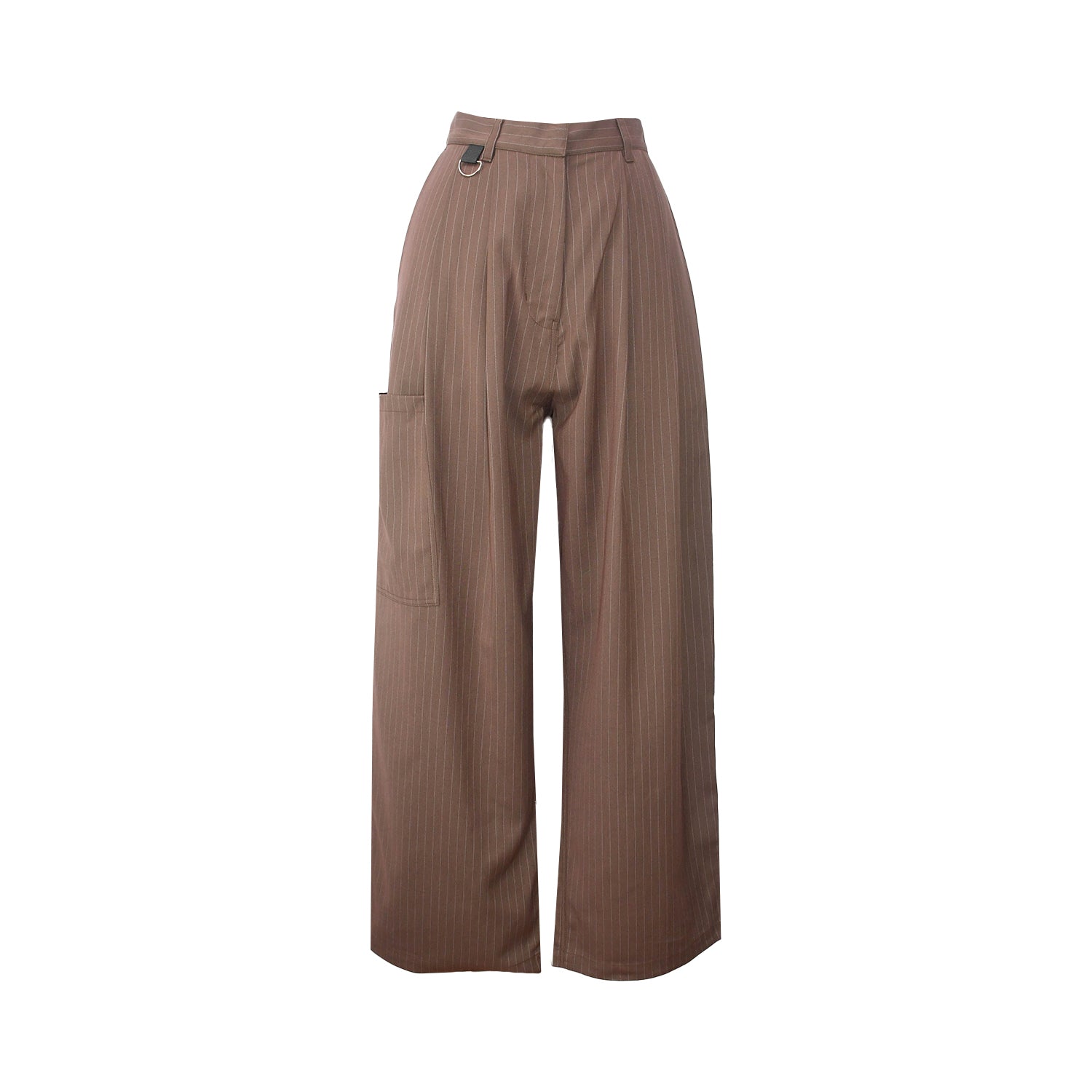 front of ESS.BEE brown pin-stripe pants. With large pocket on right leg