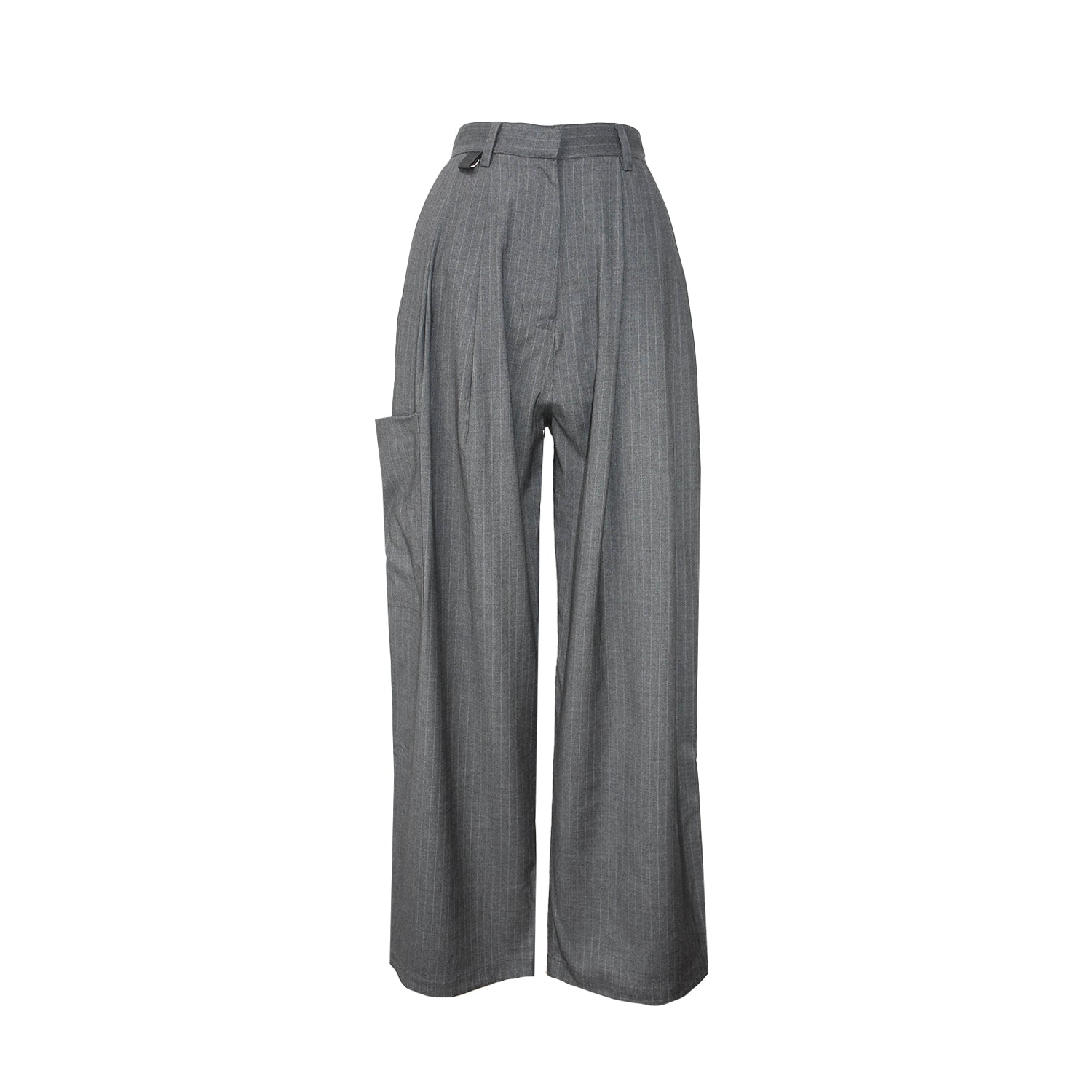 front of ESS.BEE pin-stripe pants in Grey