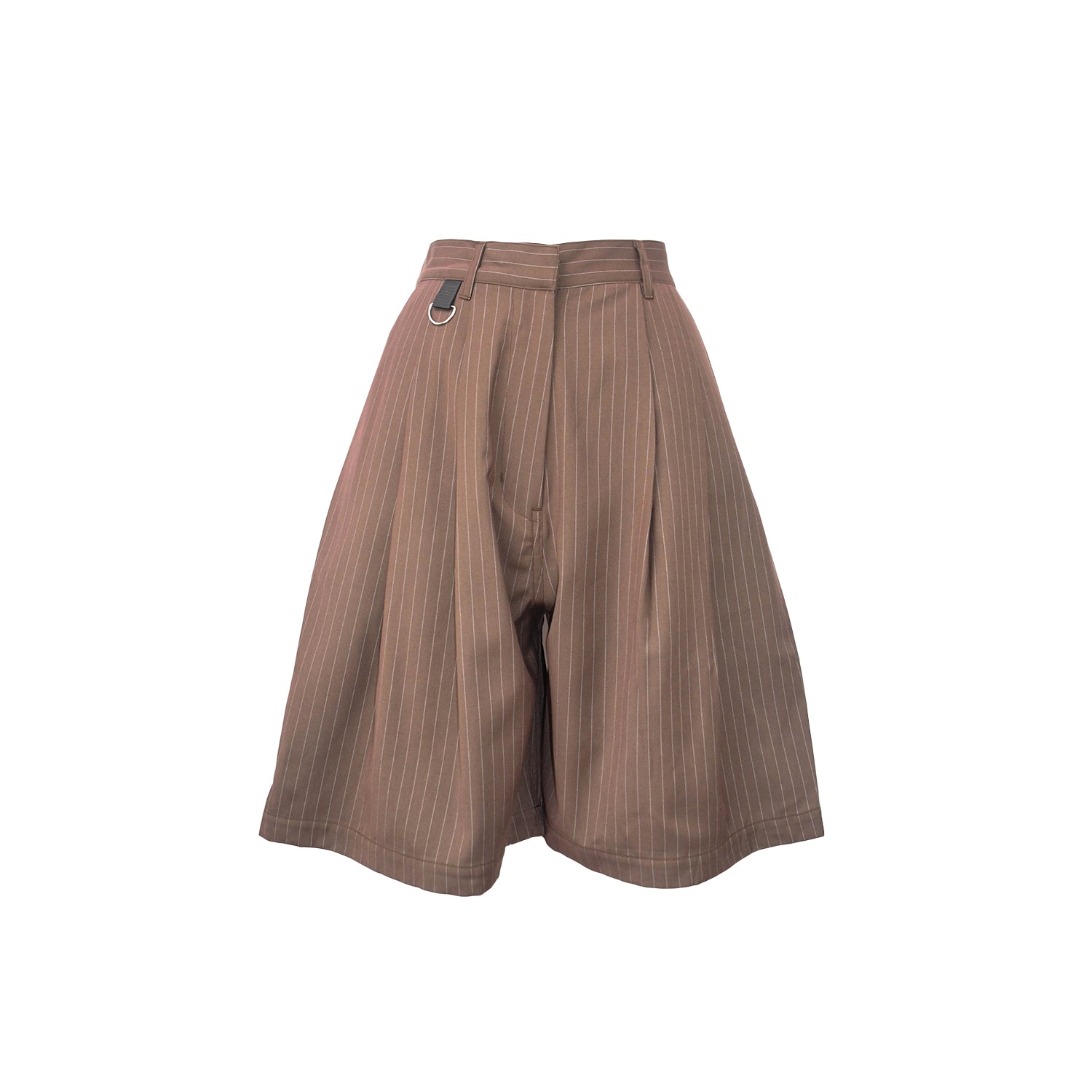 front of ESS.BEE pin-stripe brown wide leg pleated shorts