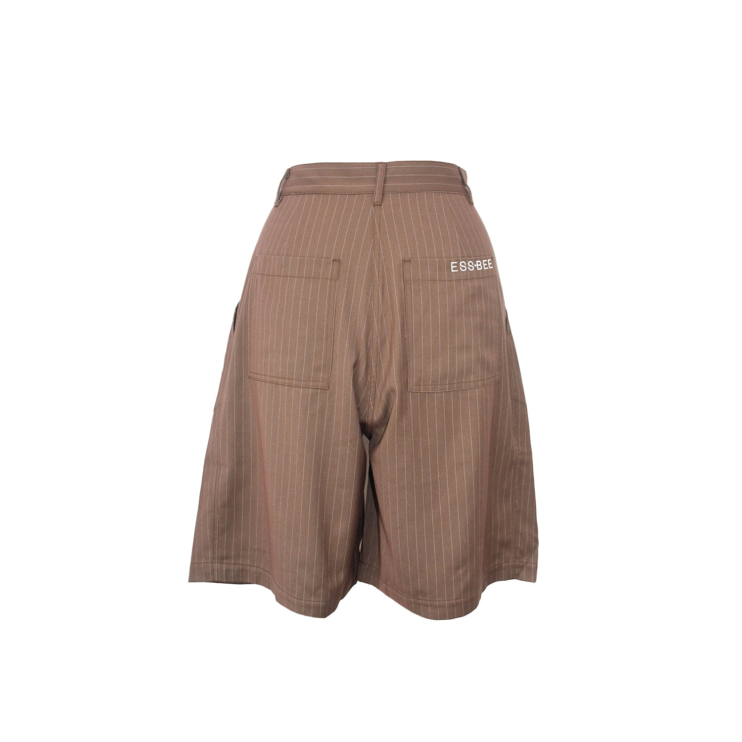 back of ESS.BEE pin-stripe brown wide leg pleated shorts