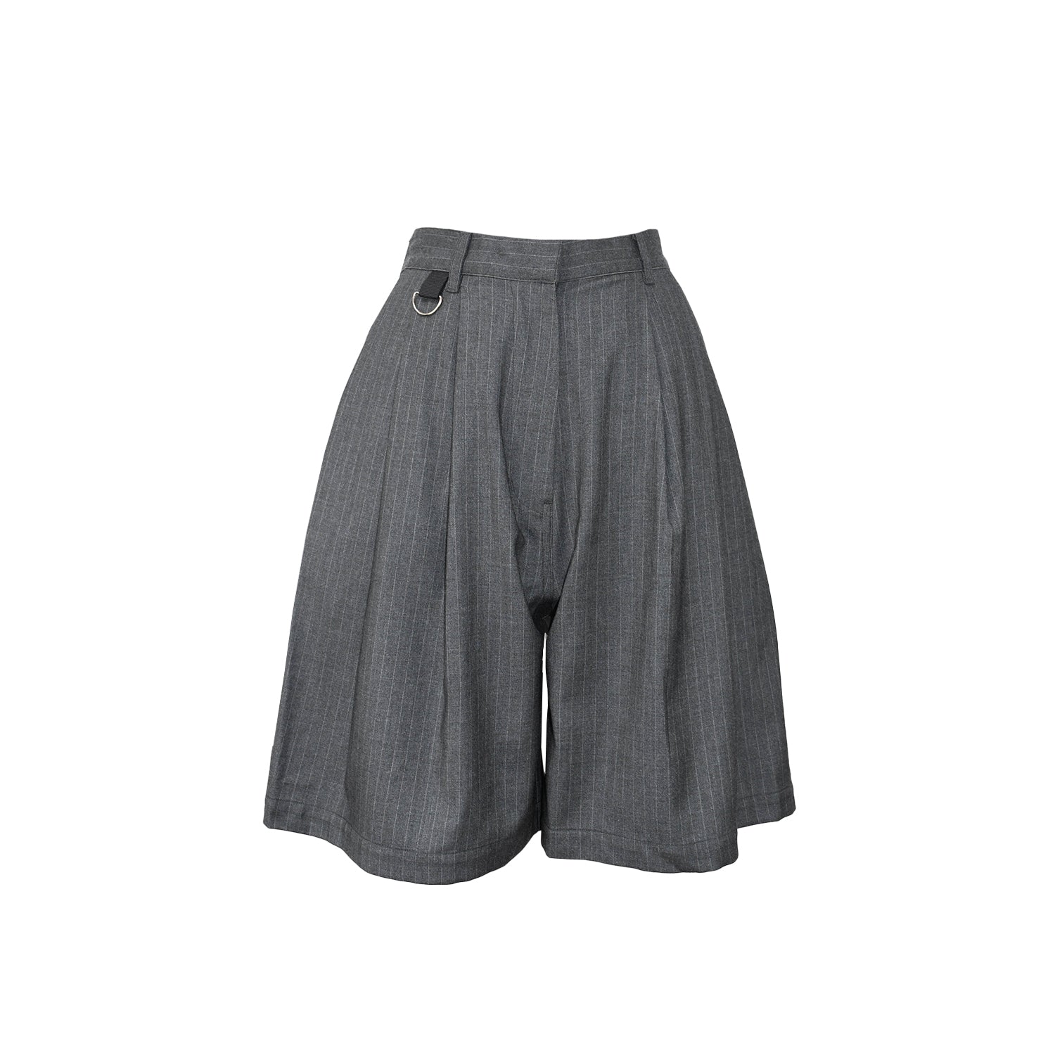 front of ESS.BEE charcoal pin-stripe wide leg pleated shorts 