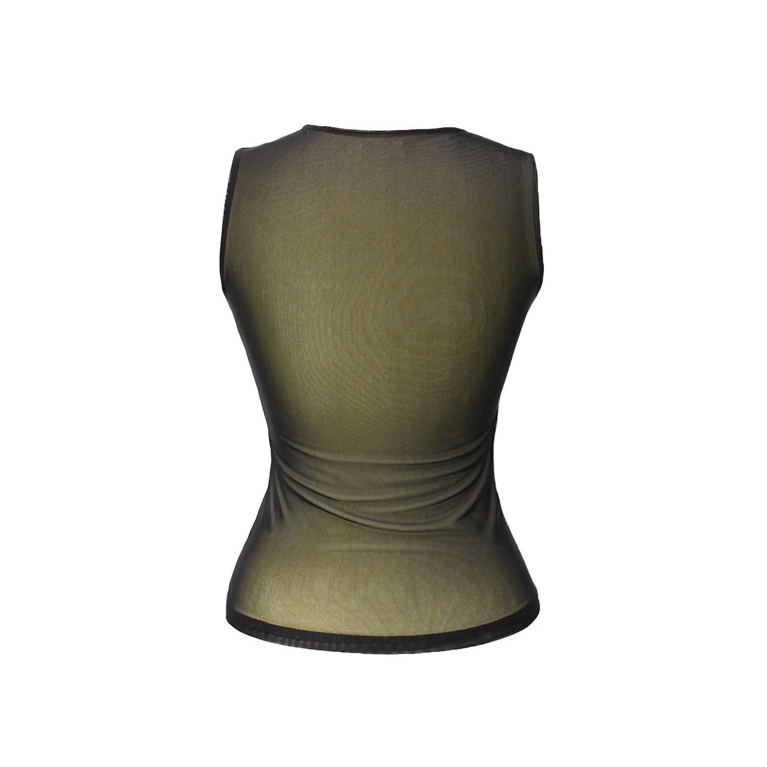 back of greta garmel tank with black mesh overlay and light yellow jersey underlay