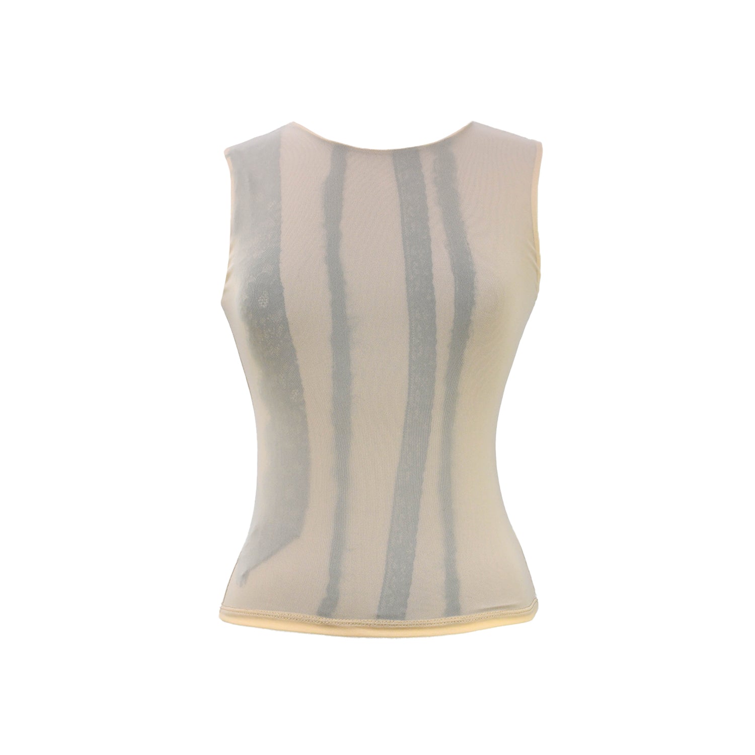 greta garmel tank with peach mesh overlay and black lace detailing with taupe jersey underlay