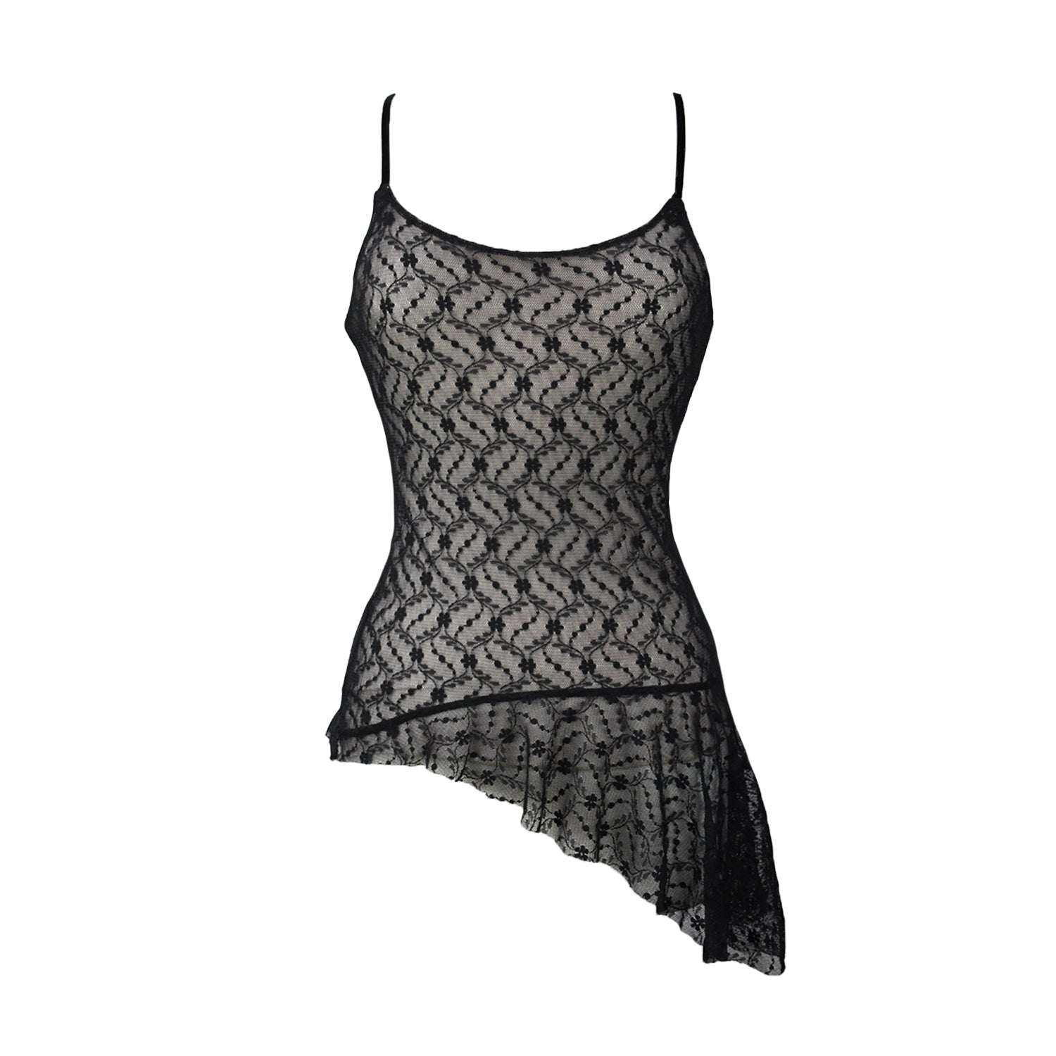 greta garmel lace tank top with asymmetrical detailing on hem