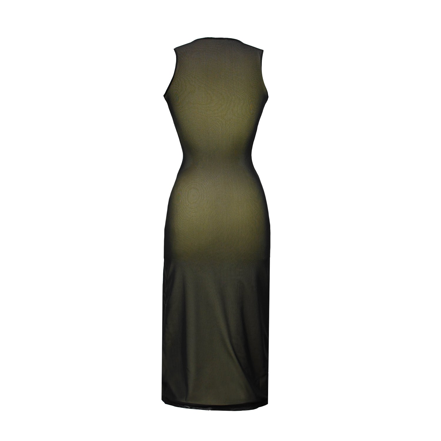 back of greta garmel mid length tank dress with black mesh overlay with light yellow jersey underlay