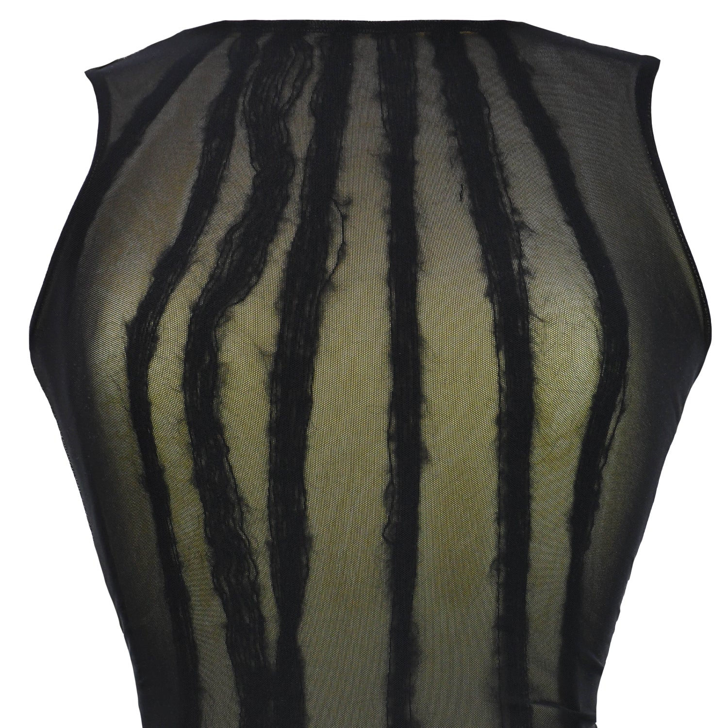 close up of greta garmel tank with black mesh overlay and lace detailing with light yellow jersey underlay