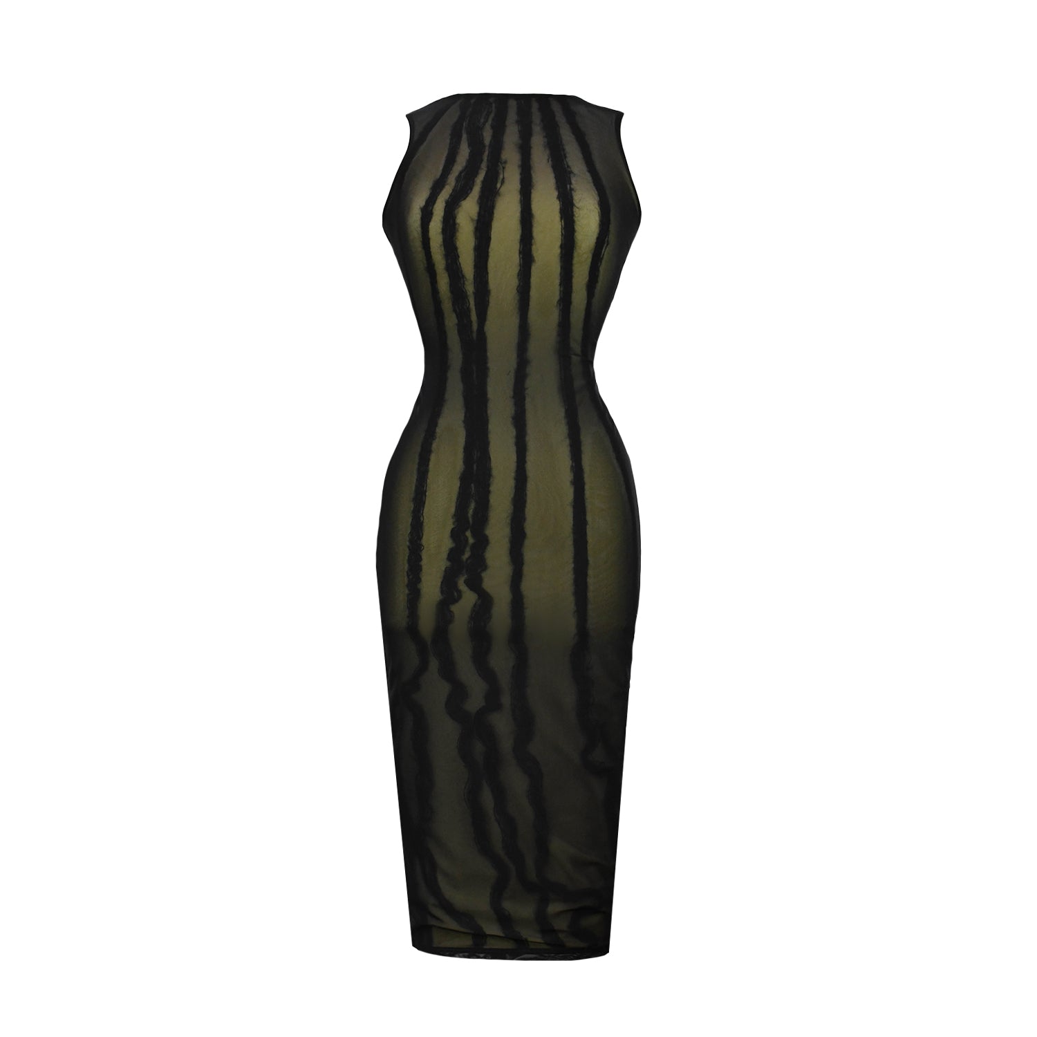 greta garmel mid length tank dress with black mesh overlay and black lace detailing with light yellow jersey underlay