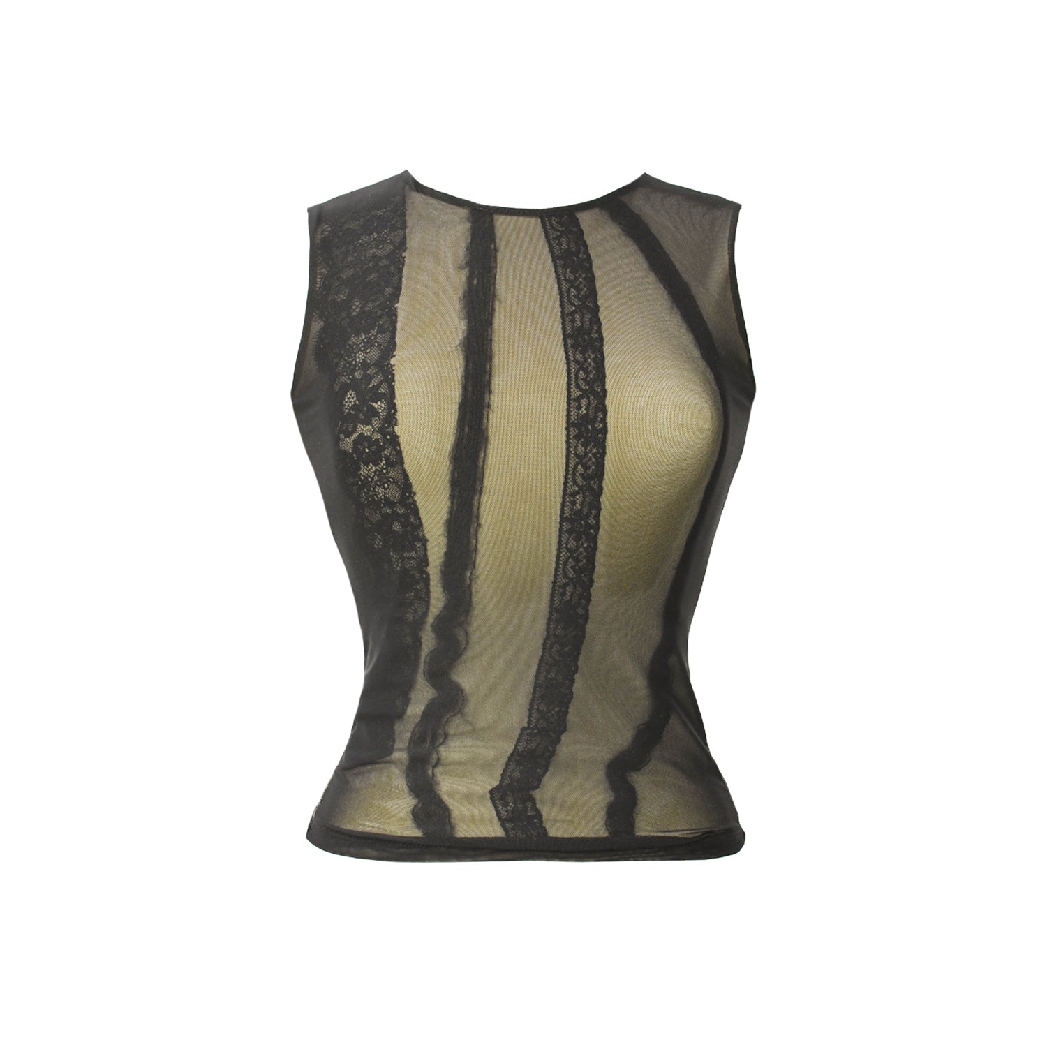 greta garmel tank with black mesh overlay and lace detailing with light yellow jersey underlay