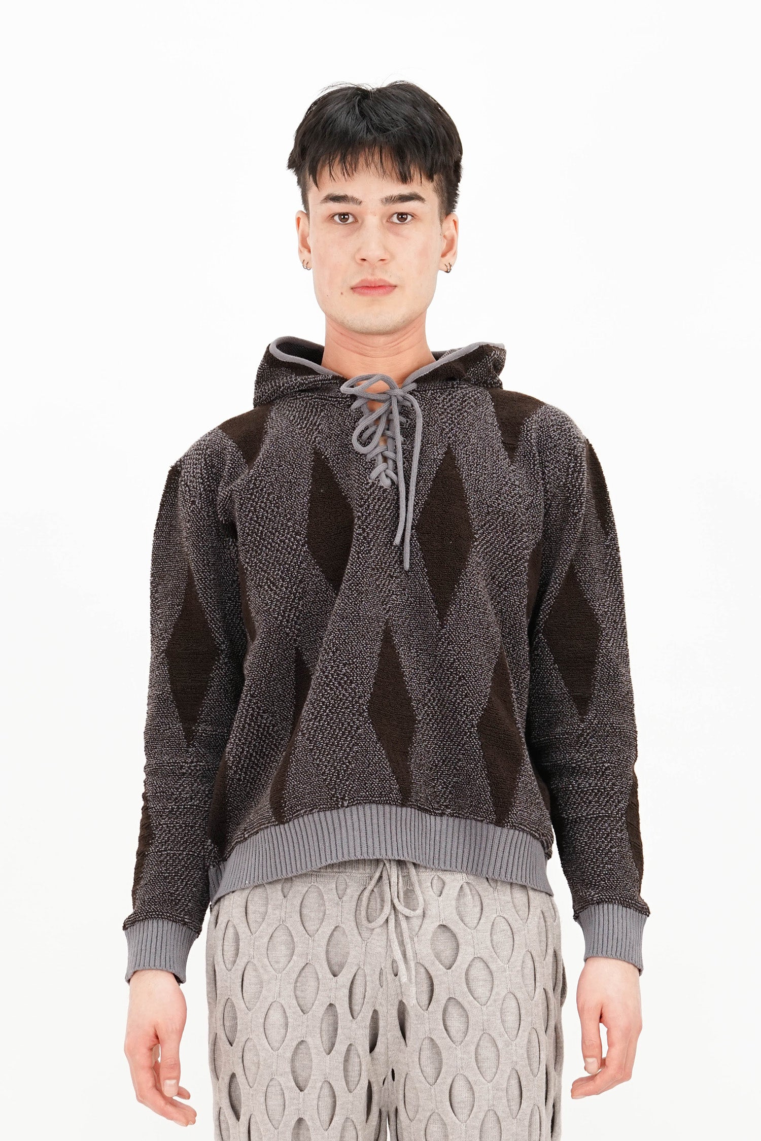 Isa Boulder - Small Argyle Towel Hoodie - Smoke Brown