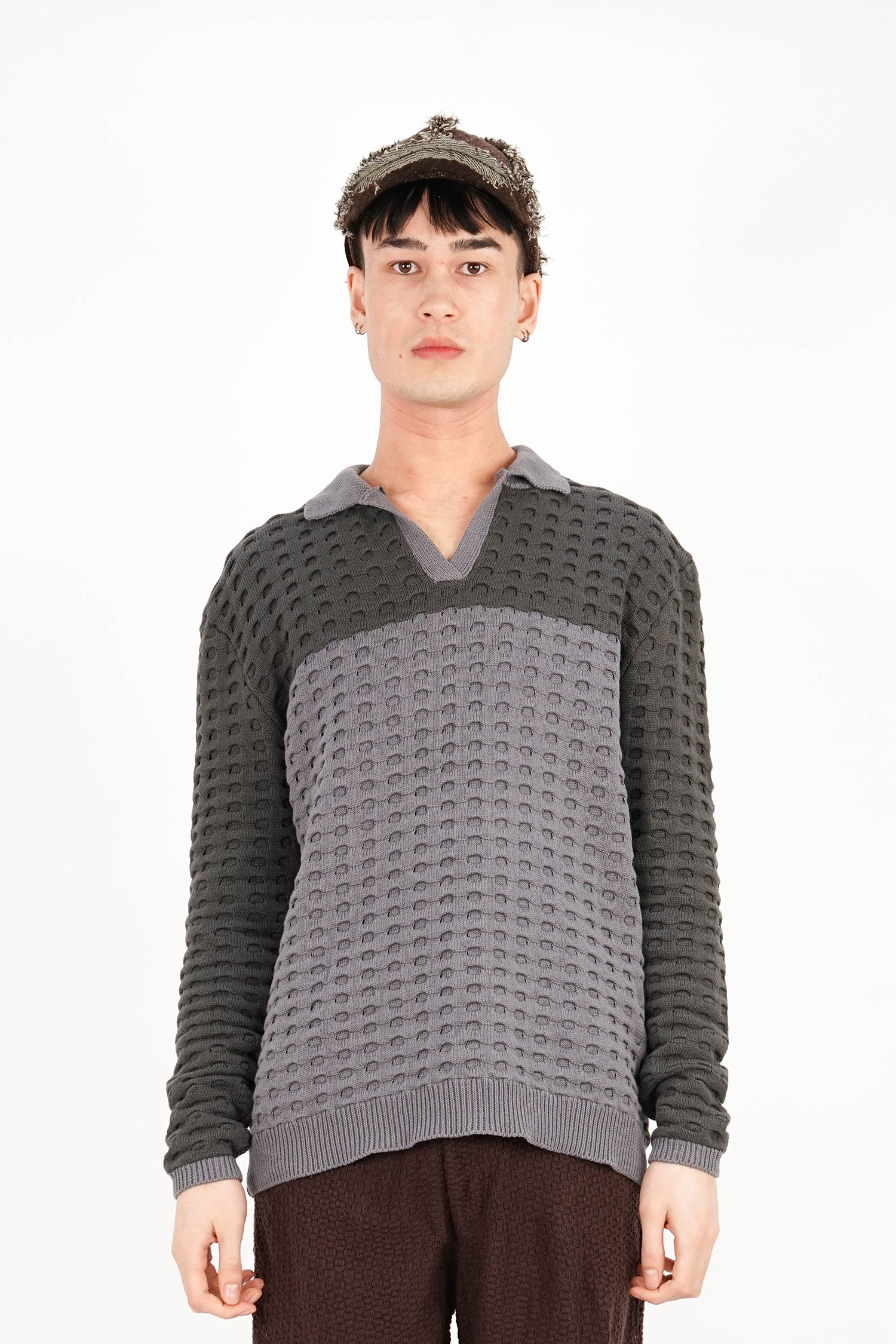 Isa Boulder - Long Sleeve Grid Polo - Smoke Grey