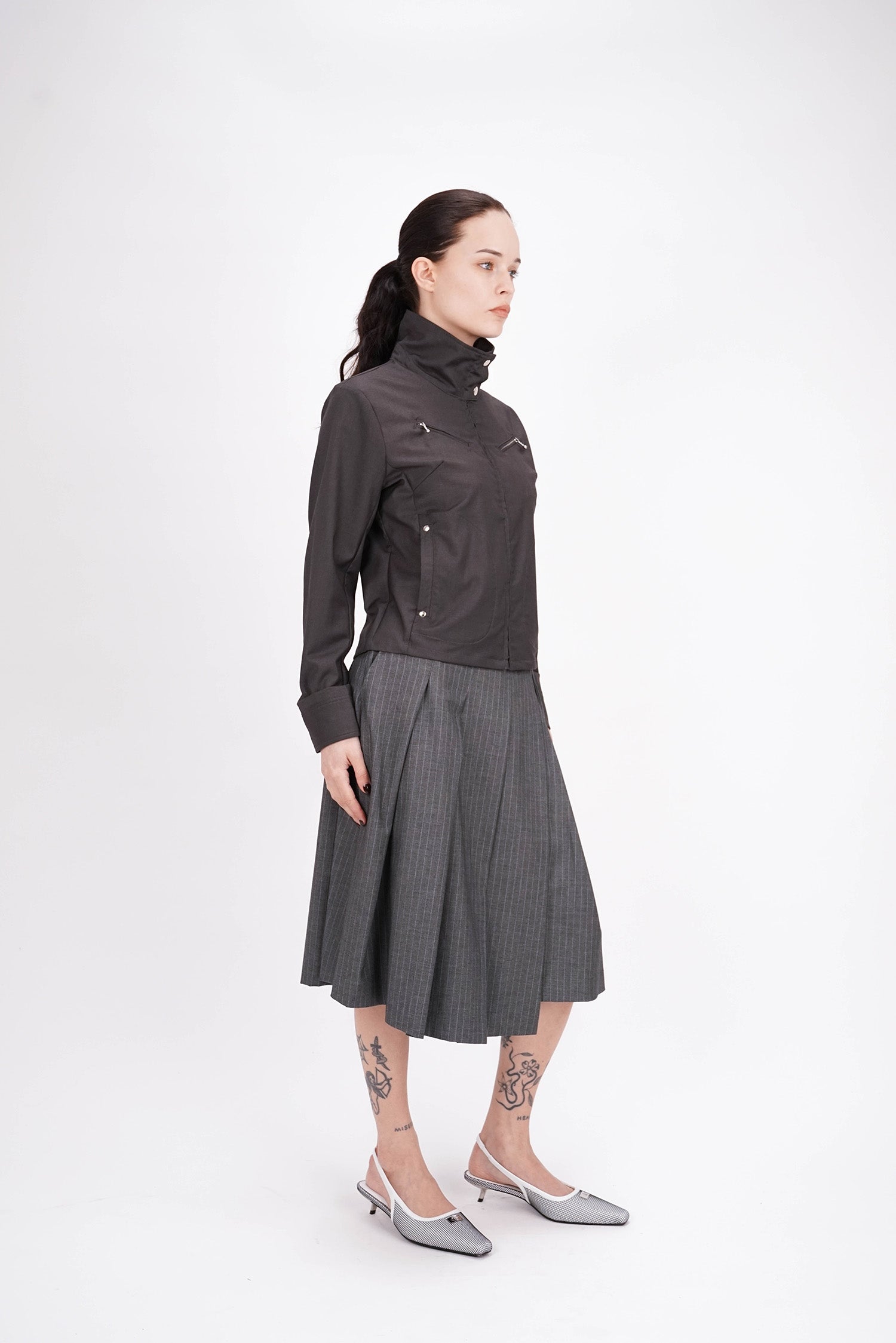 ESS.BEE - Pleated Skirt - Grey Pinstripe