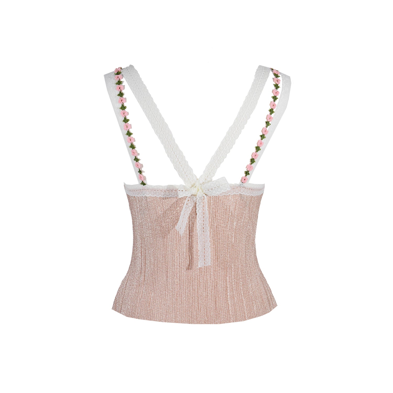 Back of Cami Top. Pink Pleated fabric with lace trim, lace and floral straps