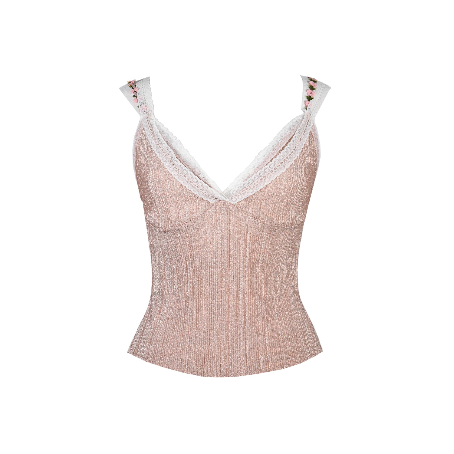 Front of Cami Top. Pink Pleated fabric with lace trim, lace and floral straps