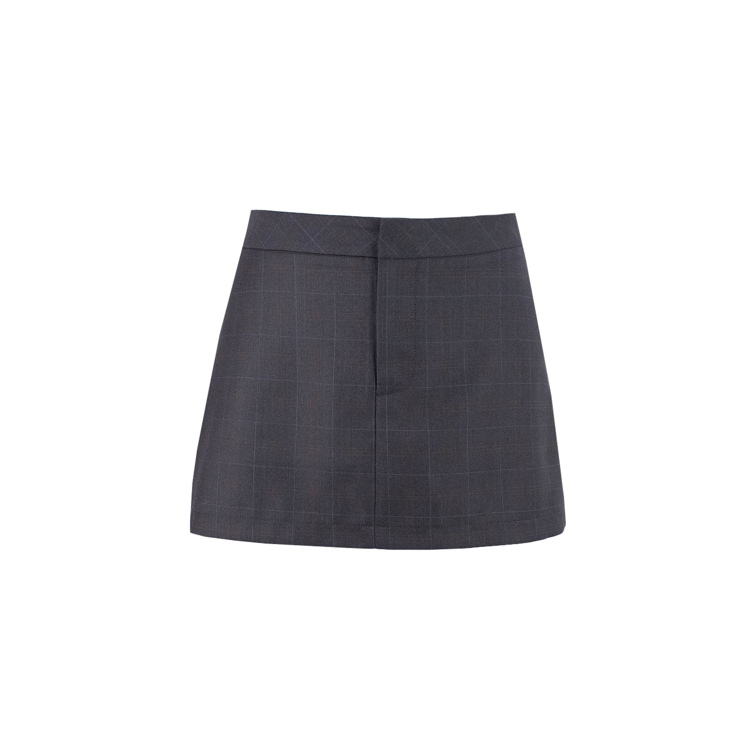 Front of KAHE wool mini skirt. Charcoal check material. features front zip fly