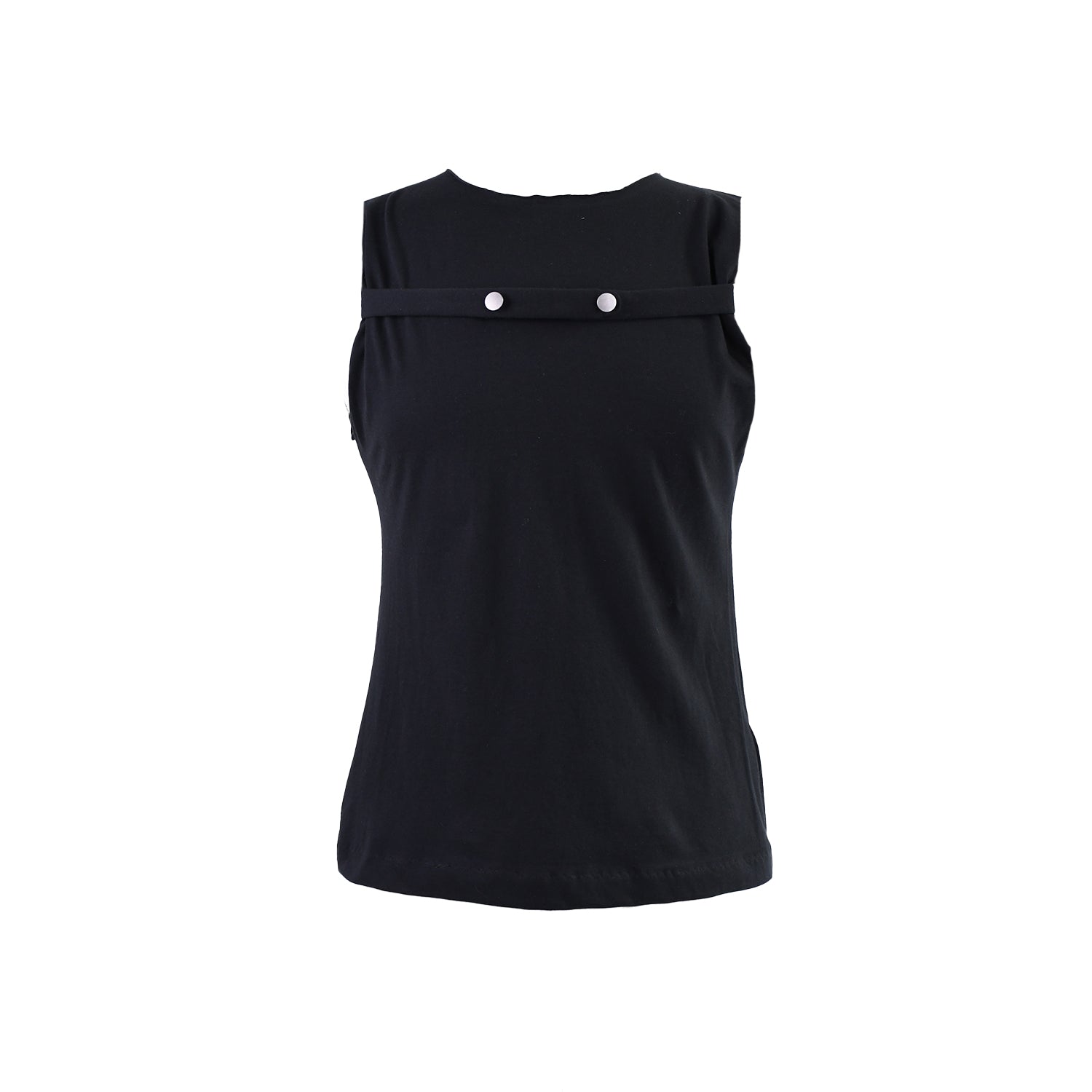 Black high neck tank top with button detail across chest