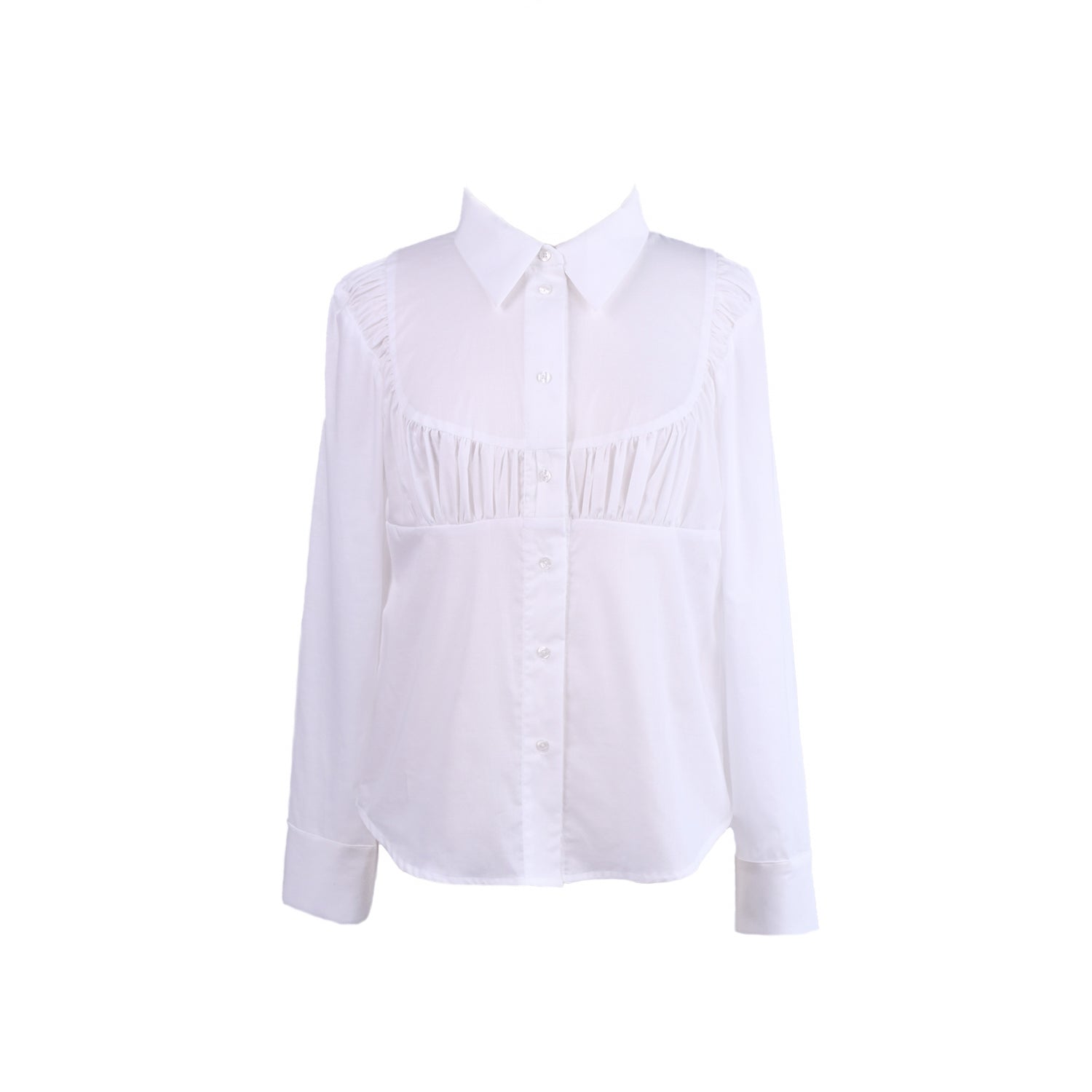 white button down shirt with ruched detail across chest 