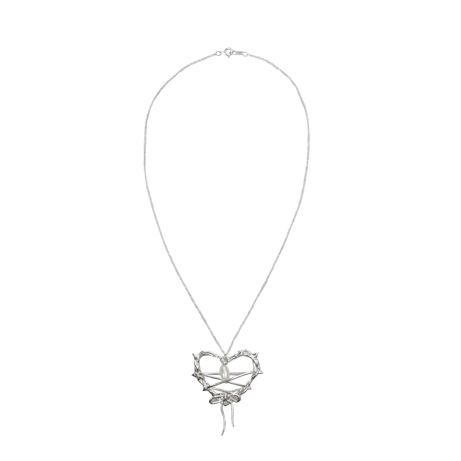 silver necklace with heart shaped pendant and moonstone gemstone hanging inside