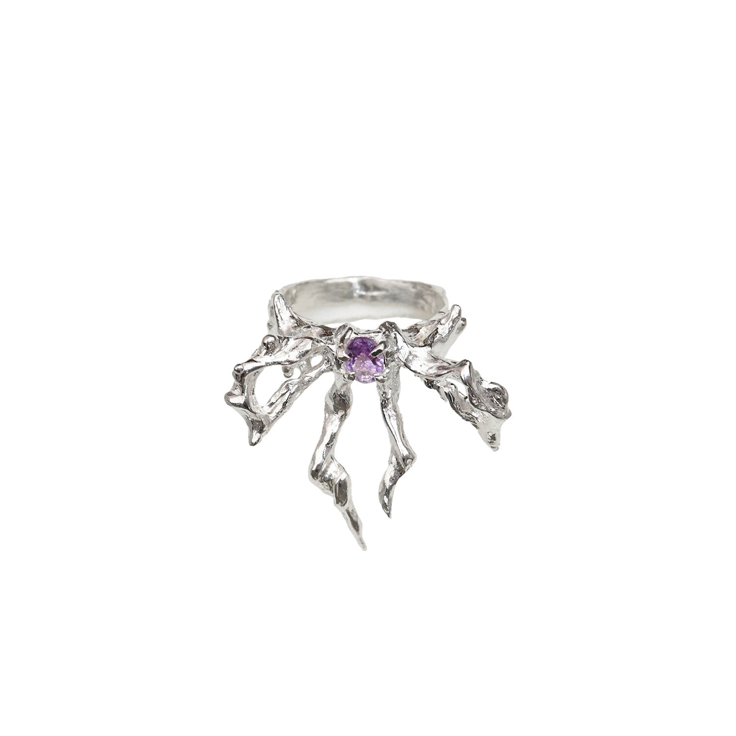 silver bow shaped ring with amethyst gemstone at centre