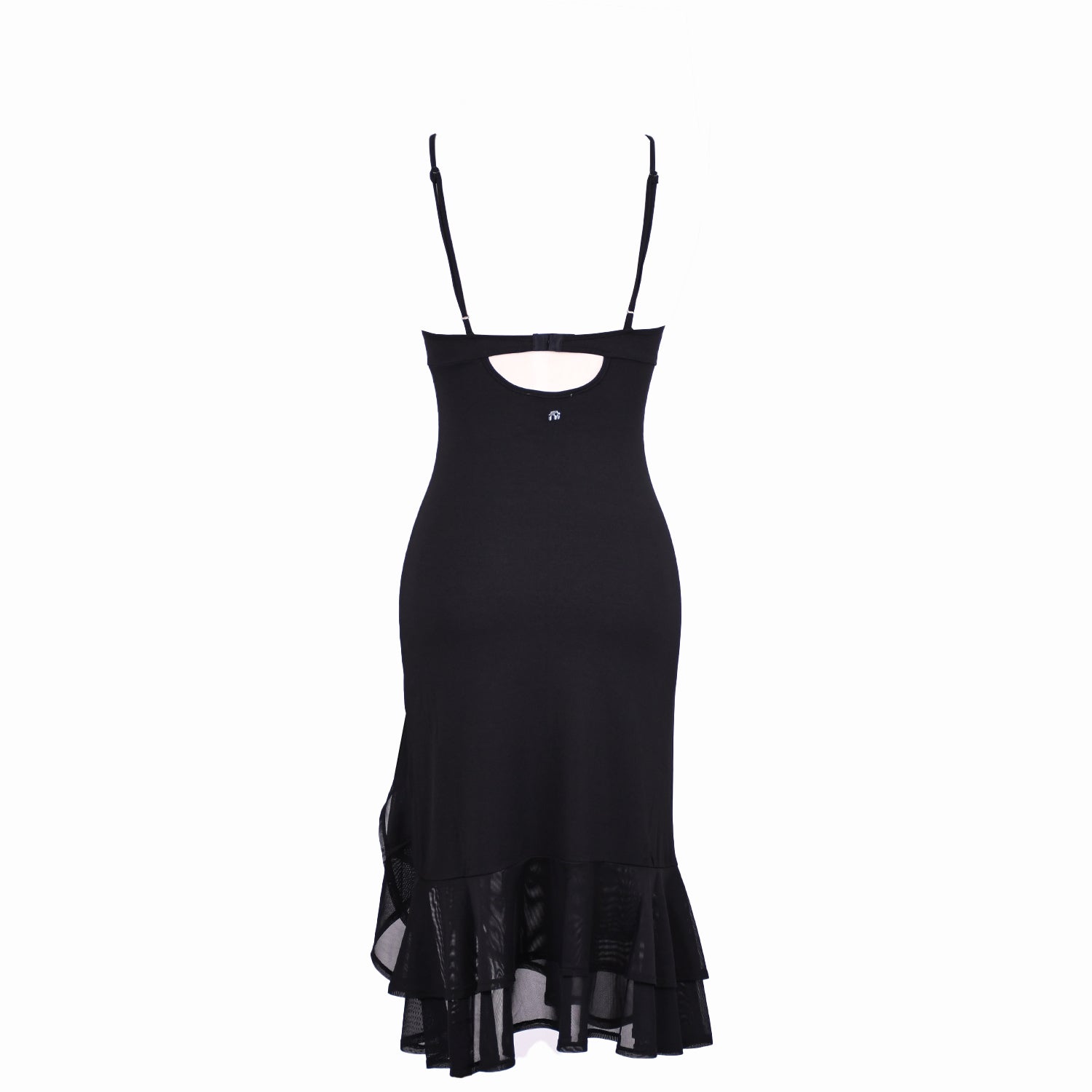 flatlay of black miaou dress with thin straps, underwire bust and a asymmetric hem with a double layer of frills 