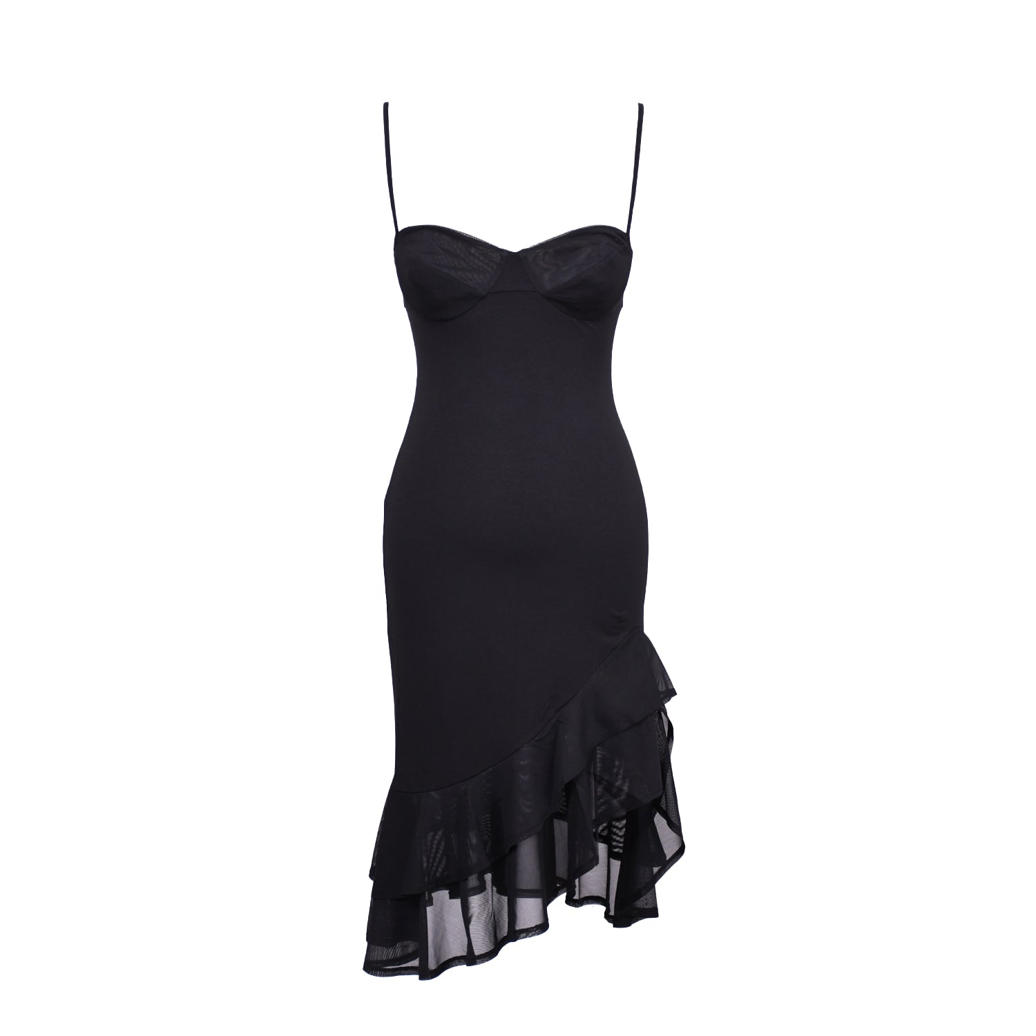 flatlay of black miaou dress with thin straps, underwire bust and a asymmetric hem with a double layer of frills 