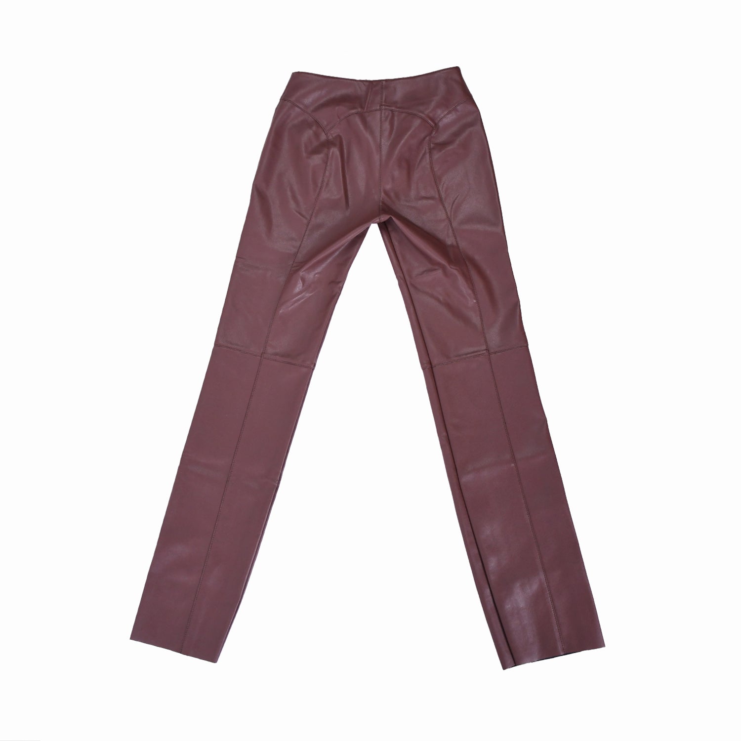 flatlay of back of miaou brown vegan leather straight leg pants with panel detailing at back