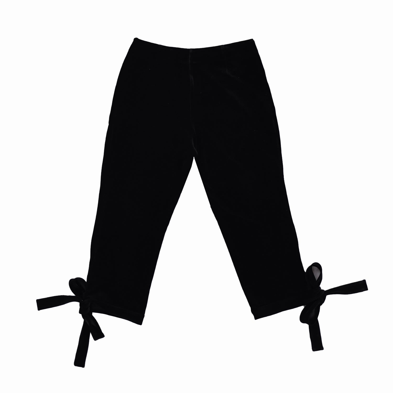 flatlay of back of miaou 3/4 length capris in black velvet with side bows on each leg 