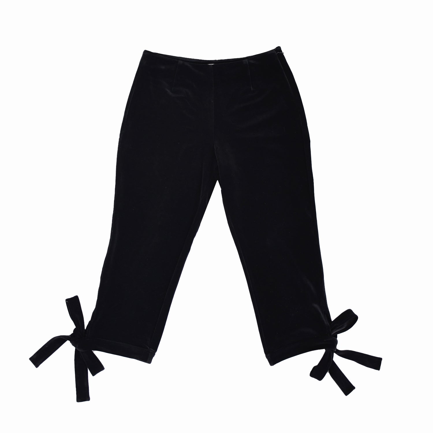 flatlay of miaou 3/4 length capris in black velvet with side bows on each leg 