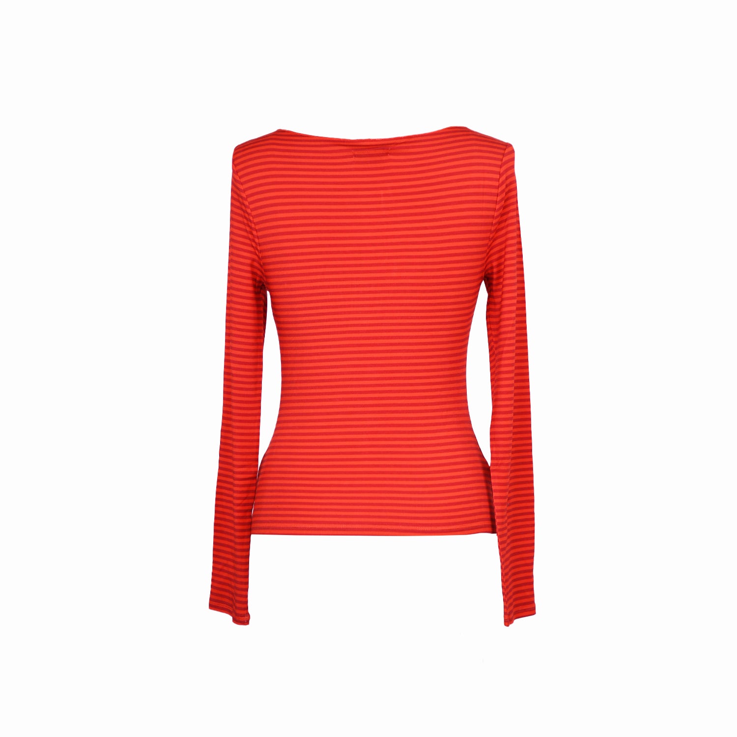 back of flatlay of miaou red tonal striped long sleeve top with a boat neckline