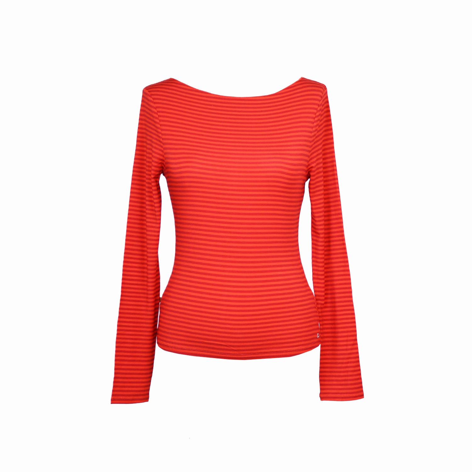 flatlay of miaou red tonal striped long sleeve top with a boat neckline