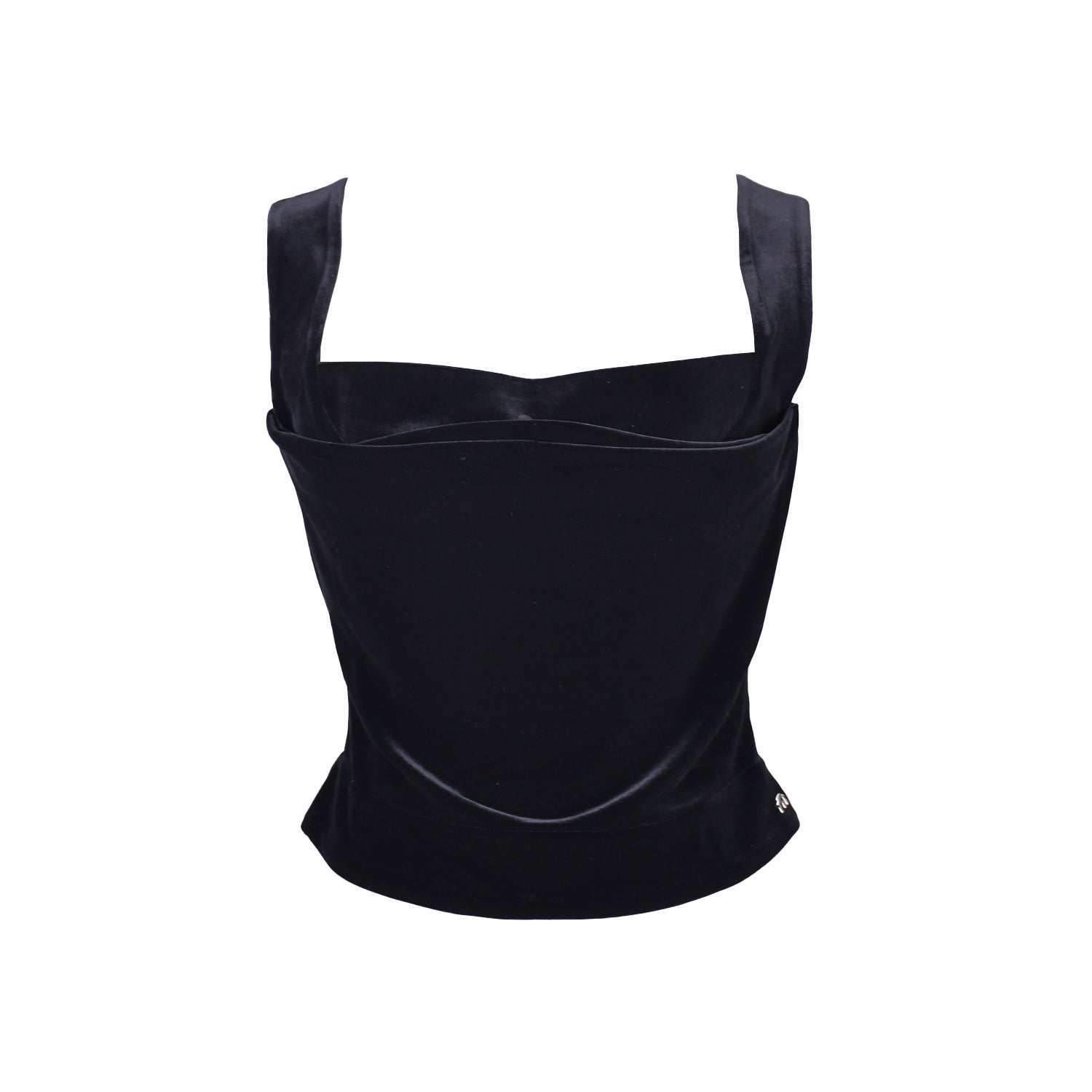 flatlay of miaou corset in black velvet with thick straps and draping at front